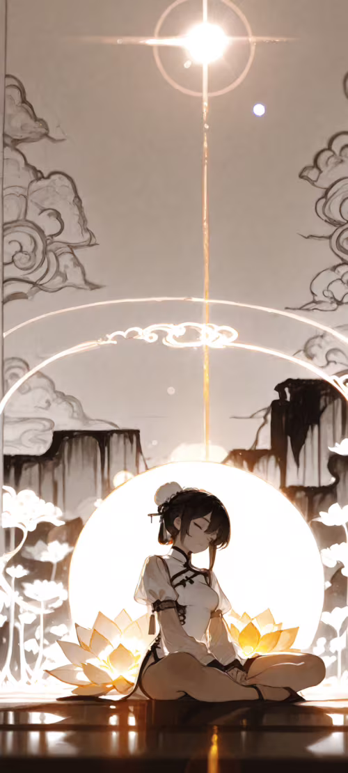 Une jeune fille d’anime aux cheveux blancs, coiffée en deux chignons, médite en position... Honor 10X Lite
