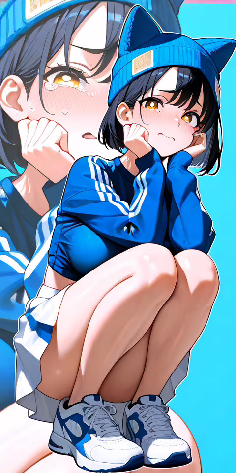 Une illustration en pied d’une jeune fille d’anime en train de pleurer, avec de courts...