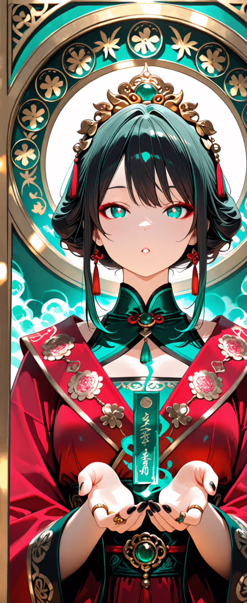 Une femme au style manga, vêtue d’une robe traditionnelle chinoise rouge et verte,... Samsung Galaxy Z Flip 5G