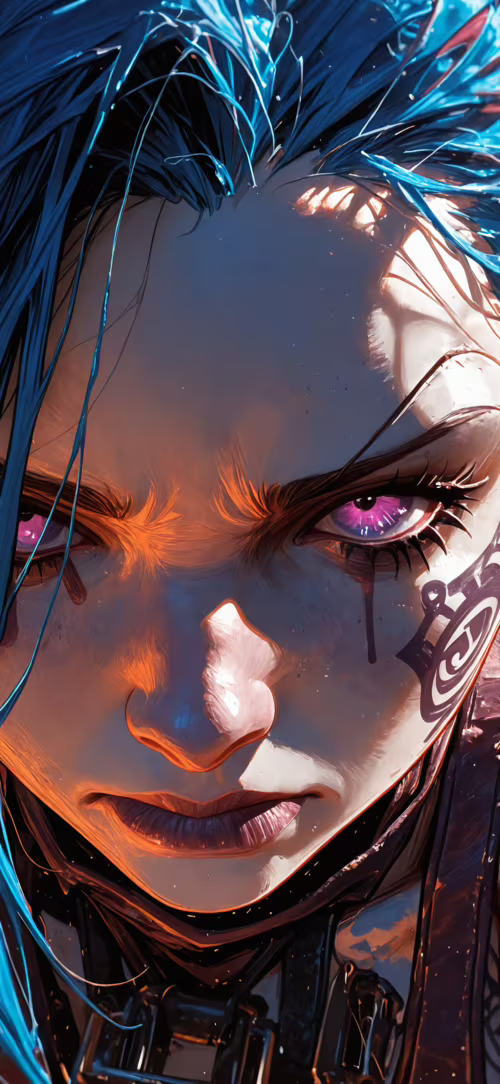 Une illustration en gros plan de Jinx, personnage de la série Arcane, dont le visage... Apple iPhone 14 Pro Max