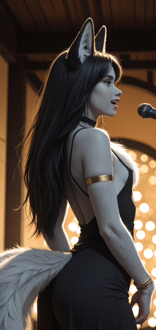 Une femme aux longs cheveux noirs, aux oreilles de renard noir et à une grande queue... Alcatel 1SE