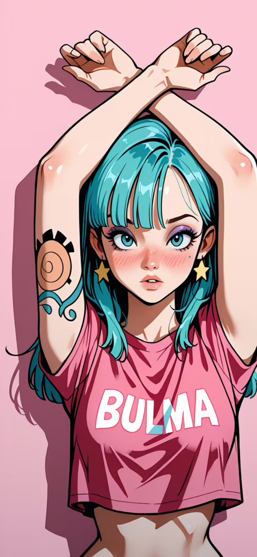 Une illustration de Bulma, personnage de Dragon Ball, dans un style d’animation japonaise...