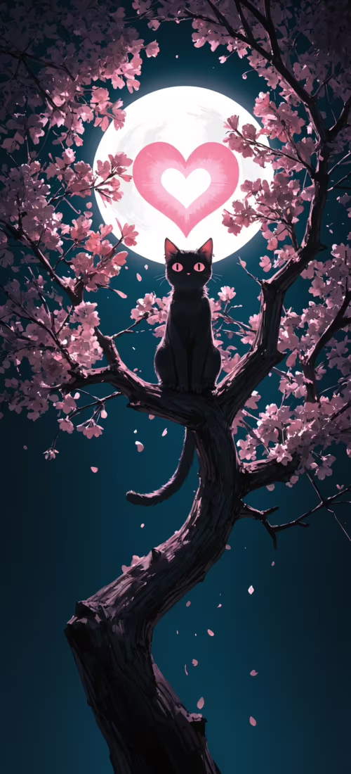 Un chat noir, aux grands yeux roses, avec un cœur rose lumineux sur sa poitrine,...