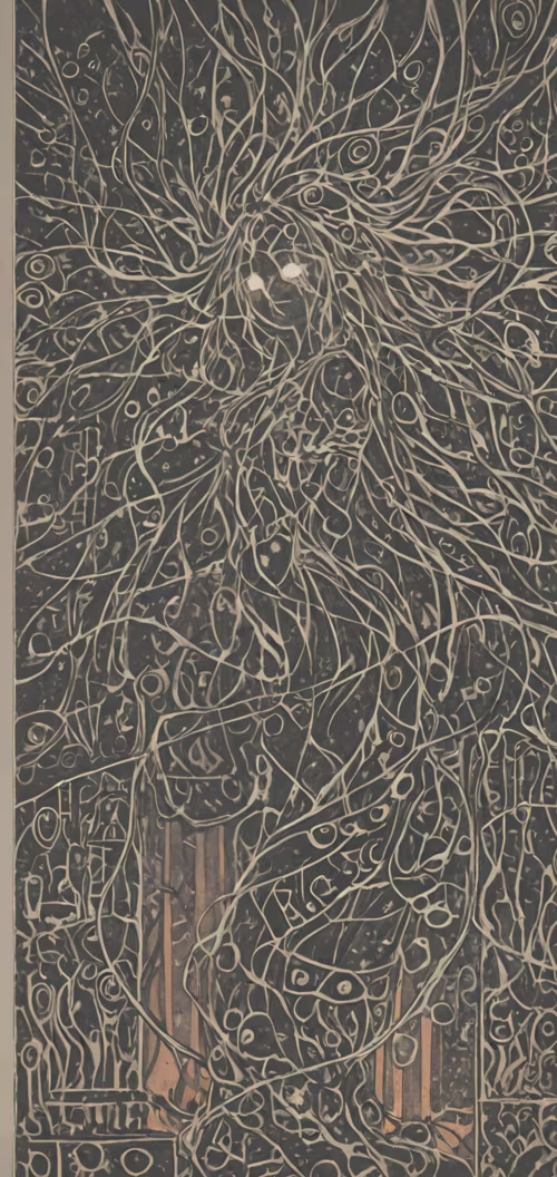 Une peinture abstraite sur fond sombre, recouverte d’un réseau dense et complexe... Nokia 5 dot 1 Plus