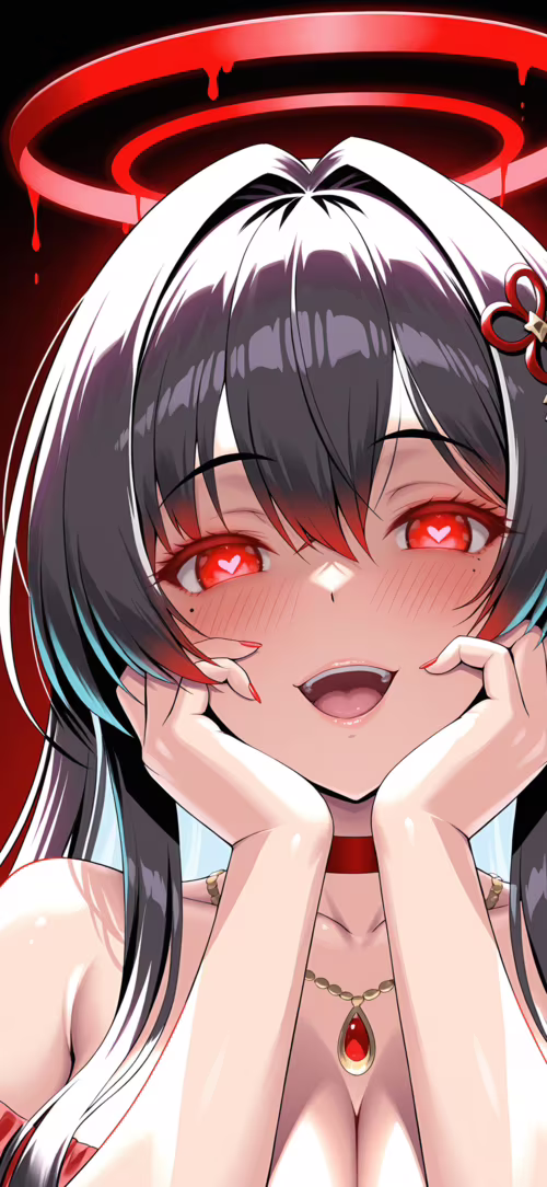 Une jeune fille d’anime aux longs cheveux noirs et auréolée d’un halo rouge, identifiée...