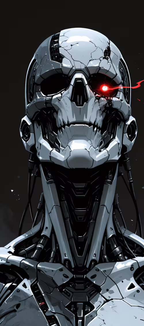 Portrait de face d’un squelette robotique blanc, avec des yeux rouges lumineux et...