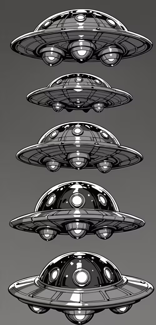 Une grande soucoupe volante verte, dessinée dans un style de bande dessinée, dotée...