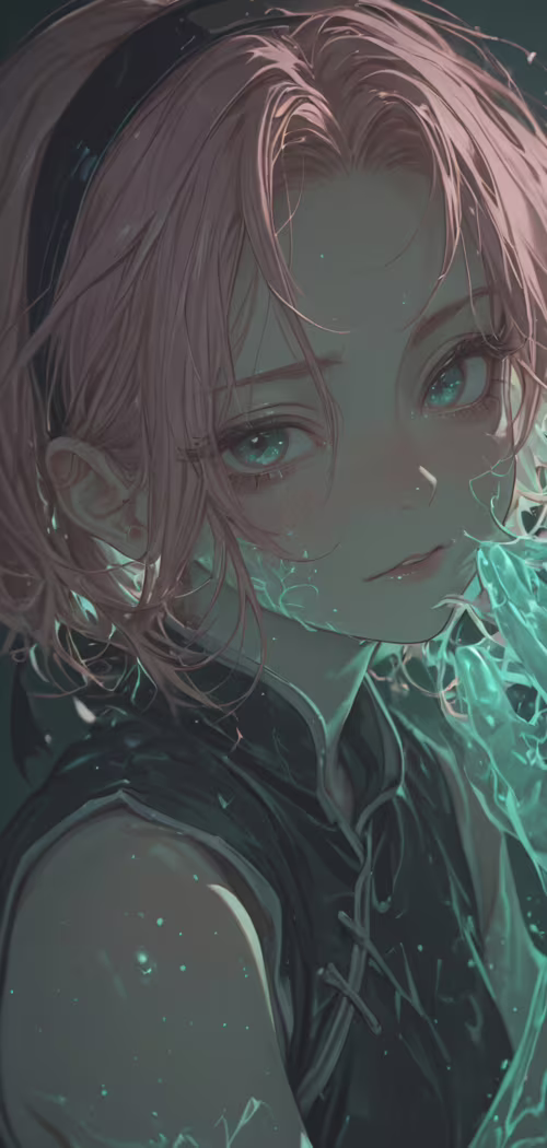 Un portrait artistique de Sakura Haruno, issue de l’univers de Naruto, avec des cheveux... LG W10