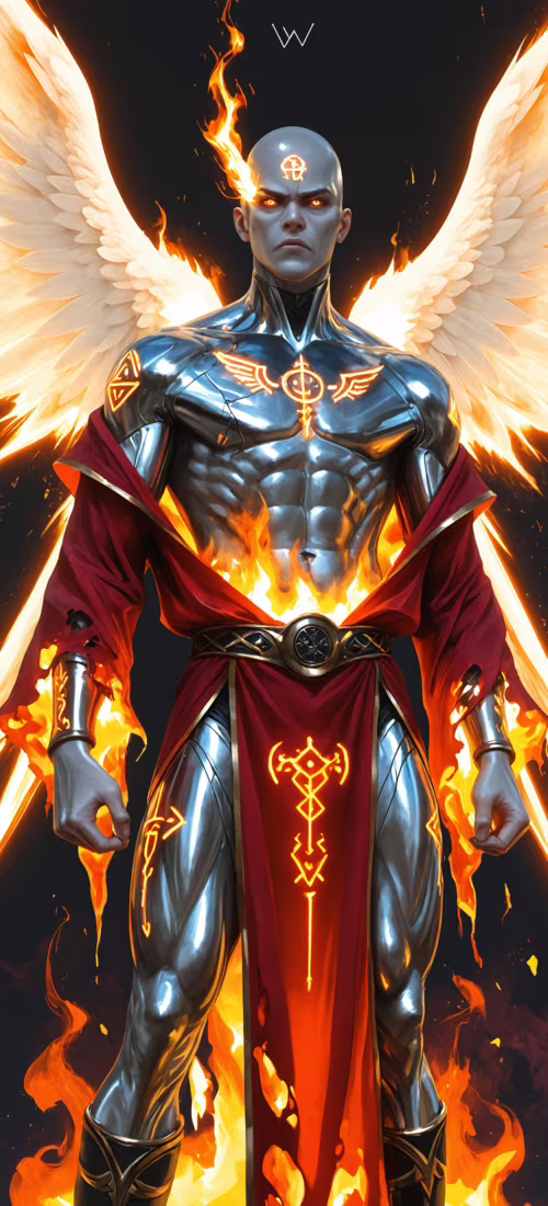 Une peinture numérique représentant un ange puissant, chauve, à la peau argentée... Huawei P40 Pro plus