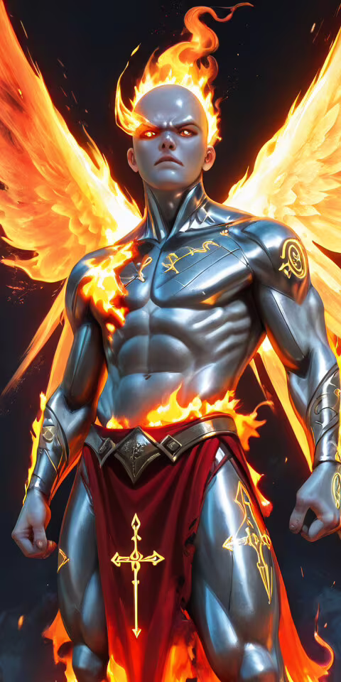 Une peinture numérique représentant un ange puissant, chauve, à la peau argentée... Alcatel 1x