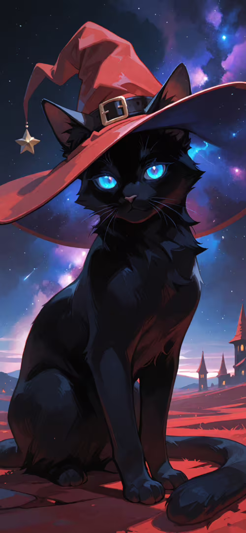 Une illustration numérique représentant un chat noir élégant aux yeux bleus lumineux,... Huawei Nova 8 Pro