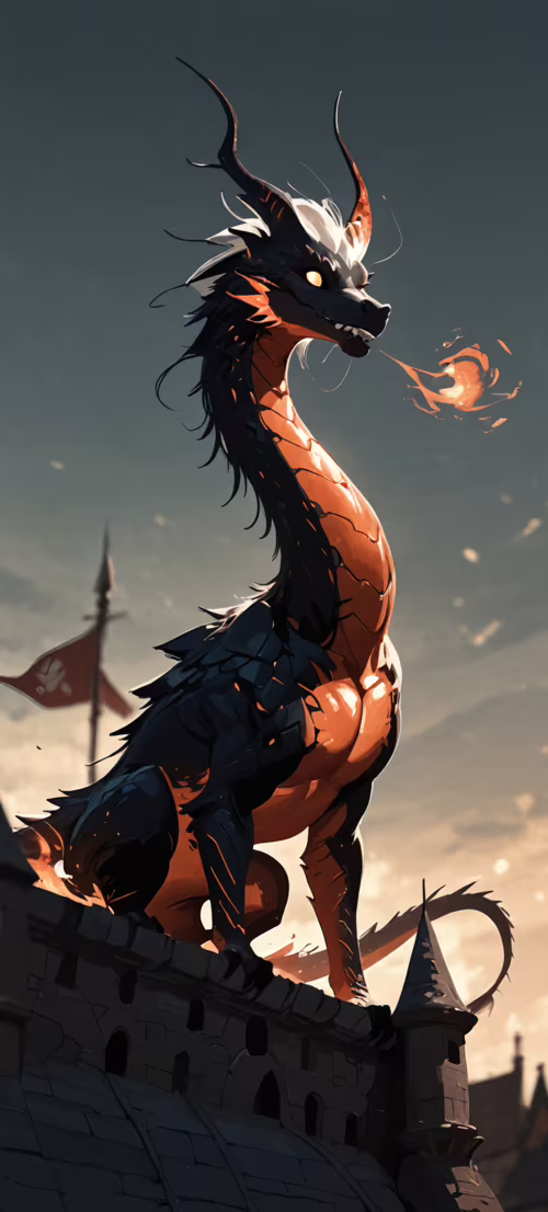 Un grand dragon serpentin, resplendissant de feu et de flammes, se tient majestueusement... Honor X9 5G