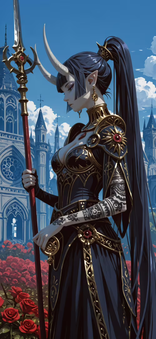 Une illustration représentant une femme aux cornes blanches et aux oreilles pointues,...