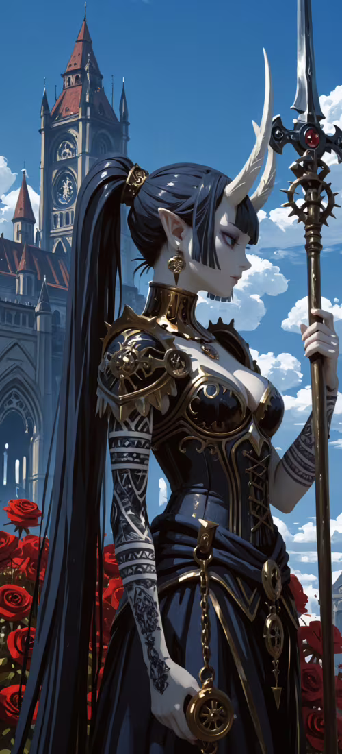 Une illustration représentant une femme aux cornes blanches et aux oreilles pointues,... Huawei P40 Pro plus