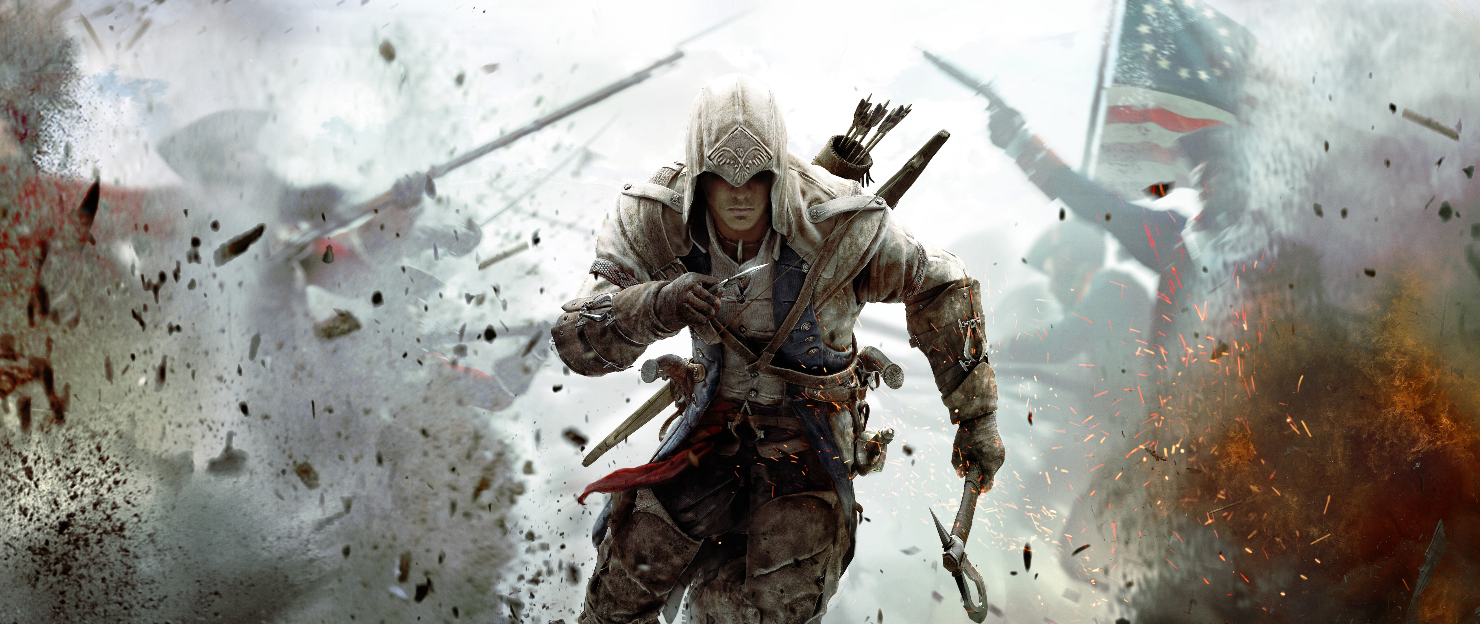 Connor Kenway, personnage du jeu Assassin's Creed III, portant son habit d’assassin et sa capuche caractéristiques.