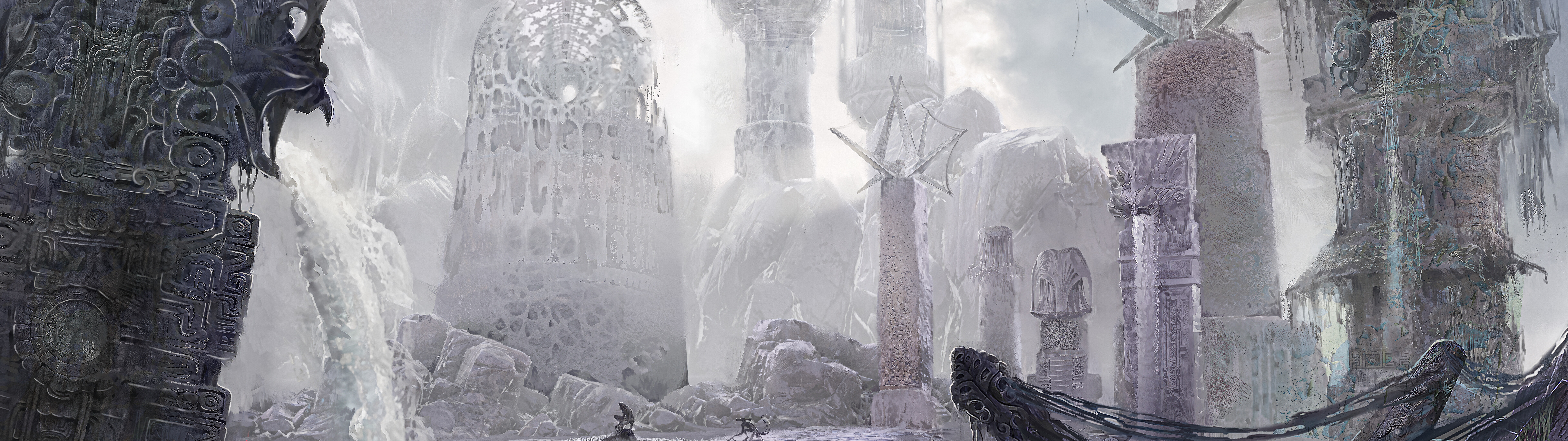 Un détective, debout au milieu de ruines antiques et décrépites, sous un ciel menaçant, une scène inspirée de l’atmosphère de « Sherlock Holmes : The Alwaken ».