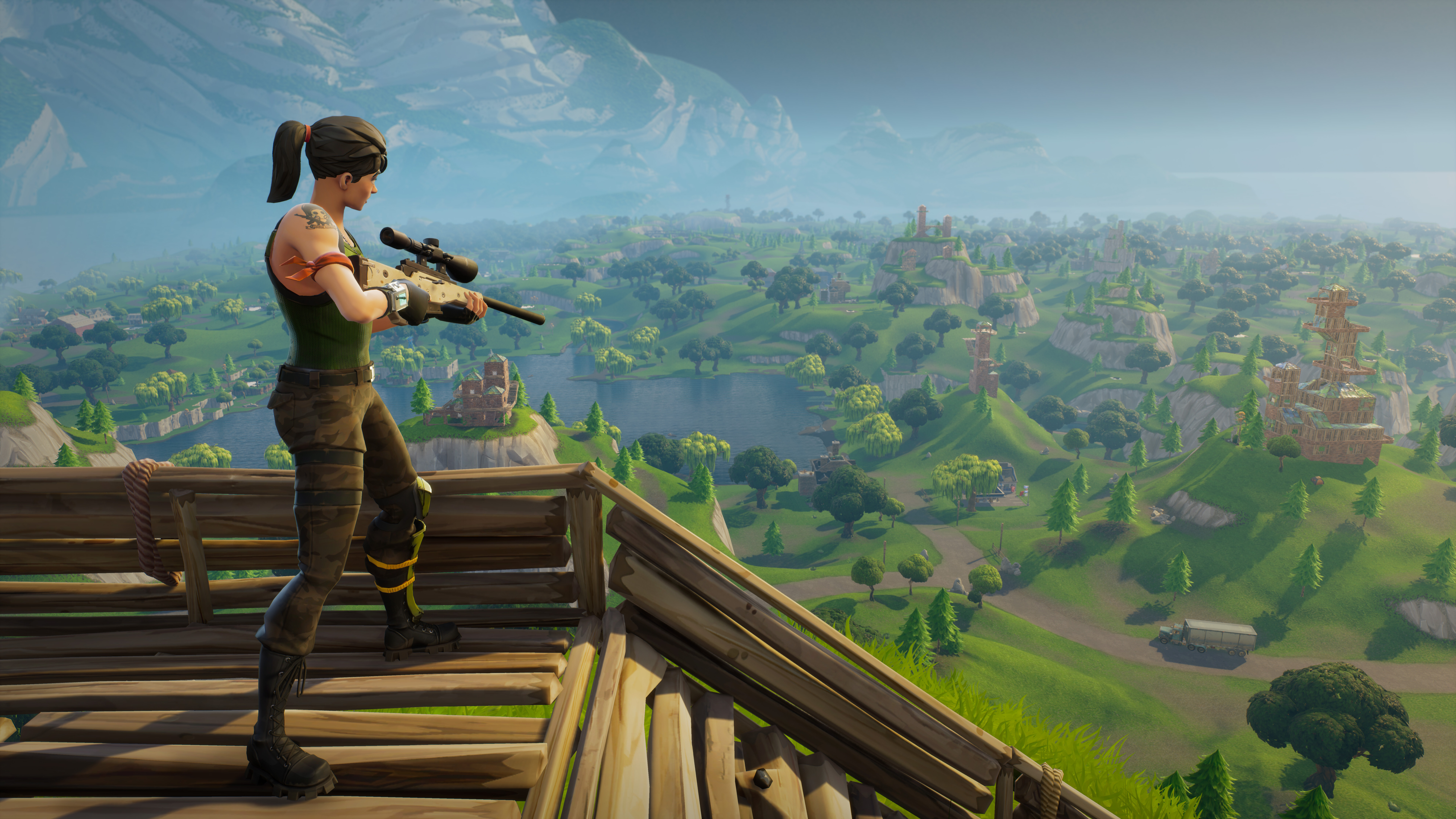 Un personnage stylisé du jeu Fortnite, prêt à entrer en combat dans un environnement coloré.