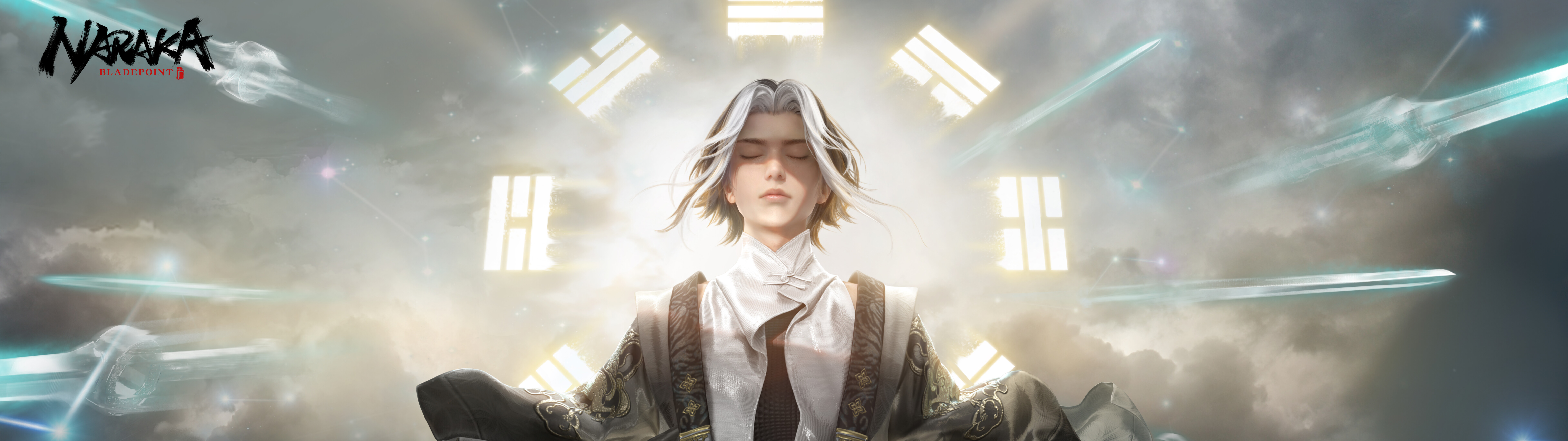 Un personnage magicien du jeu Naraka: Bladepoint effectuant un sortilège en utilisant une énergie lumineuse.