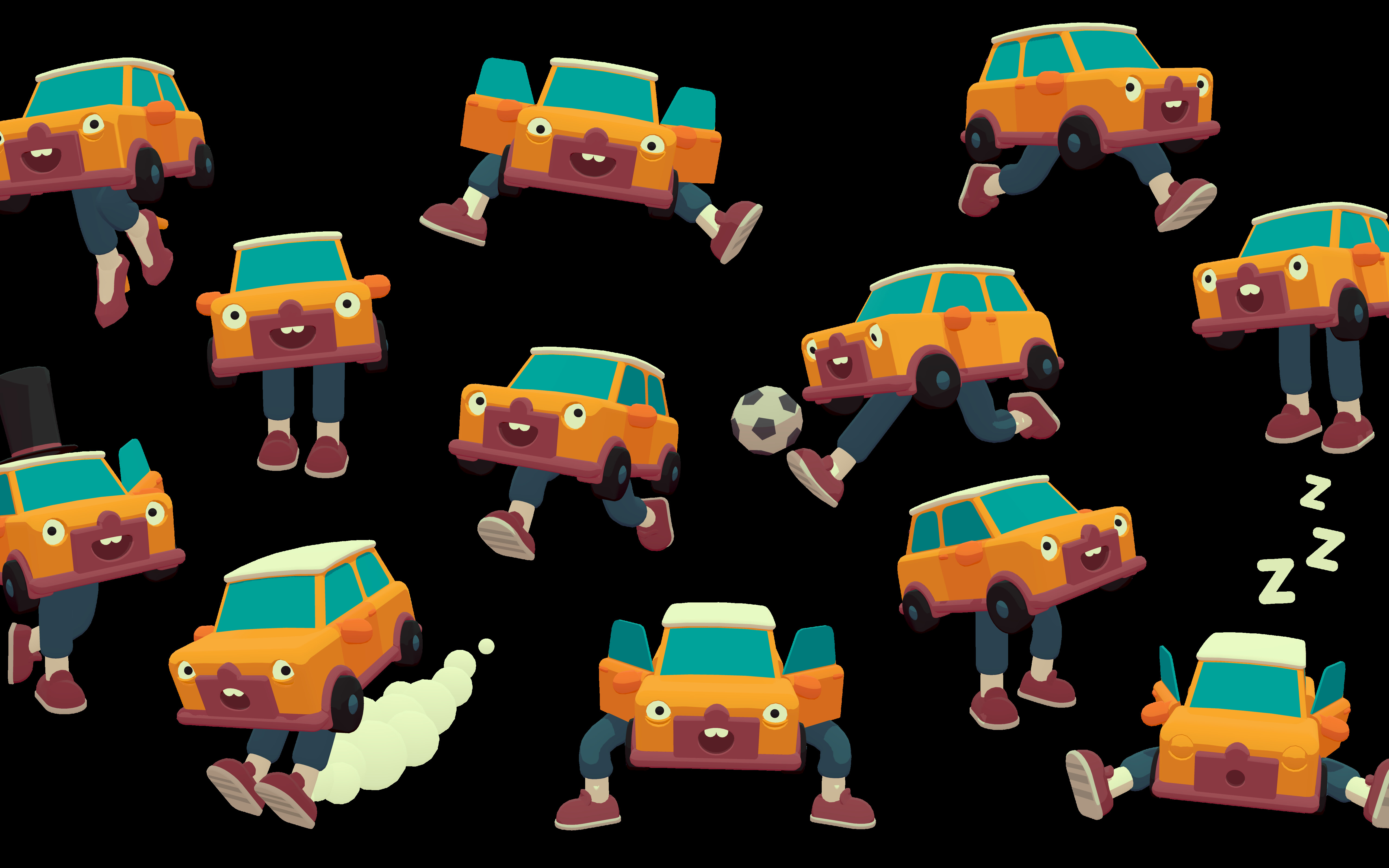 Une voiture aux couleurs vives et au design stylisé traverse un parcours d’obstacles chaotique dans un jeu vidéo basé sur les lois de la physique.