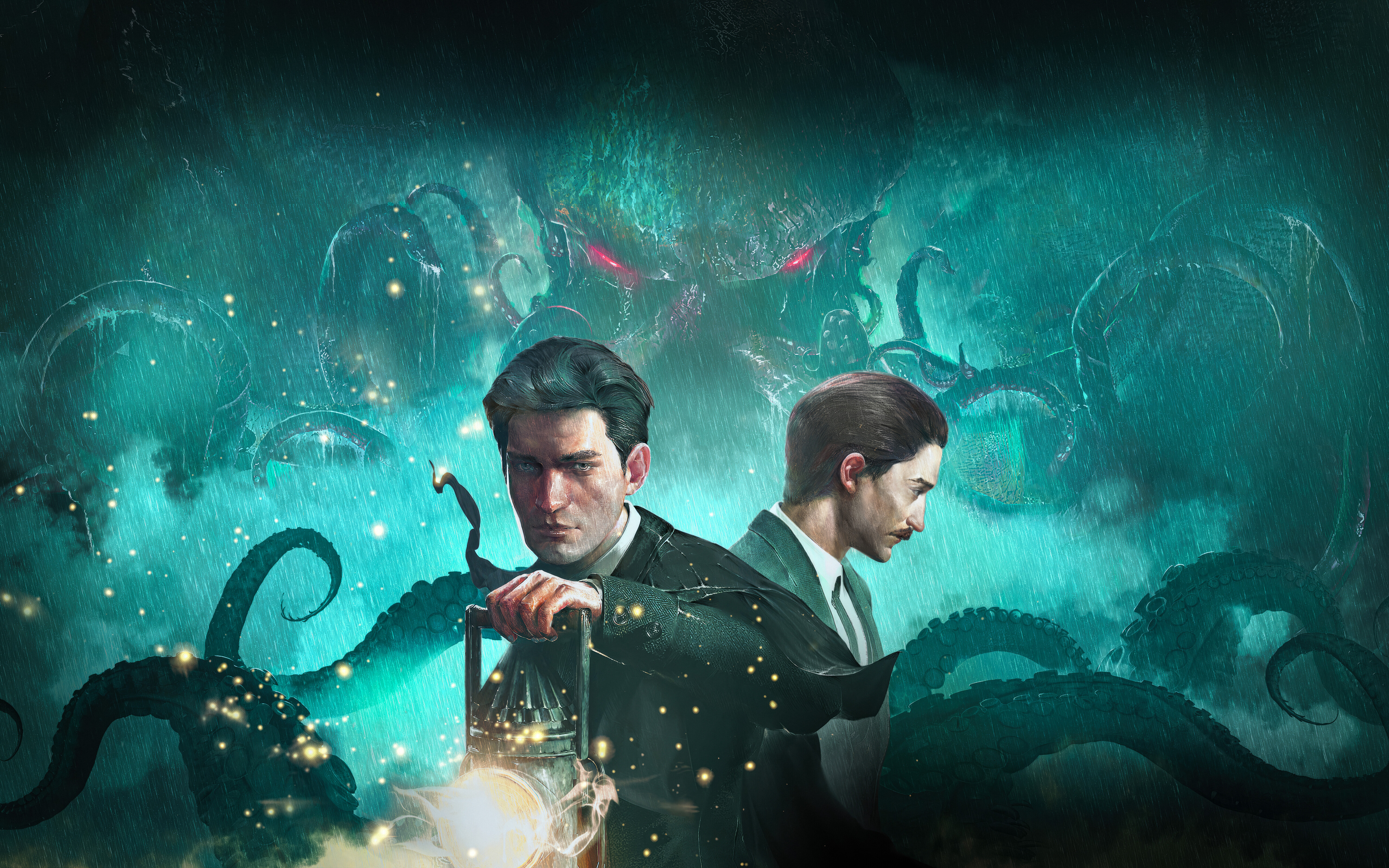 Un monstre tentaculaire menaçant, recouvert d’écailles sombres, qui se cache sous la pluie battante, et qui rappelle les éléments d’horreur cosmique du jeu Sherlock Holmes: The Awakened.