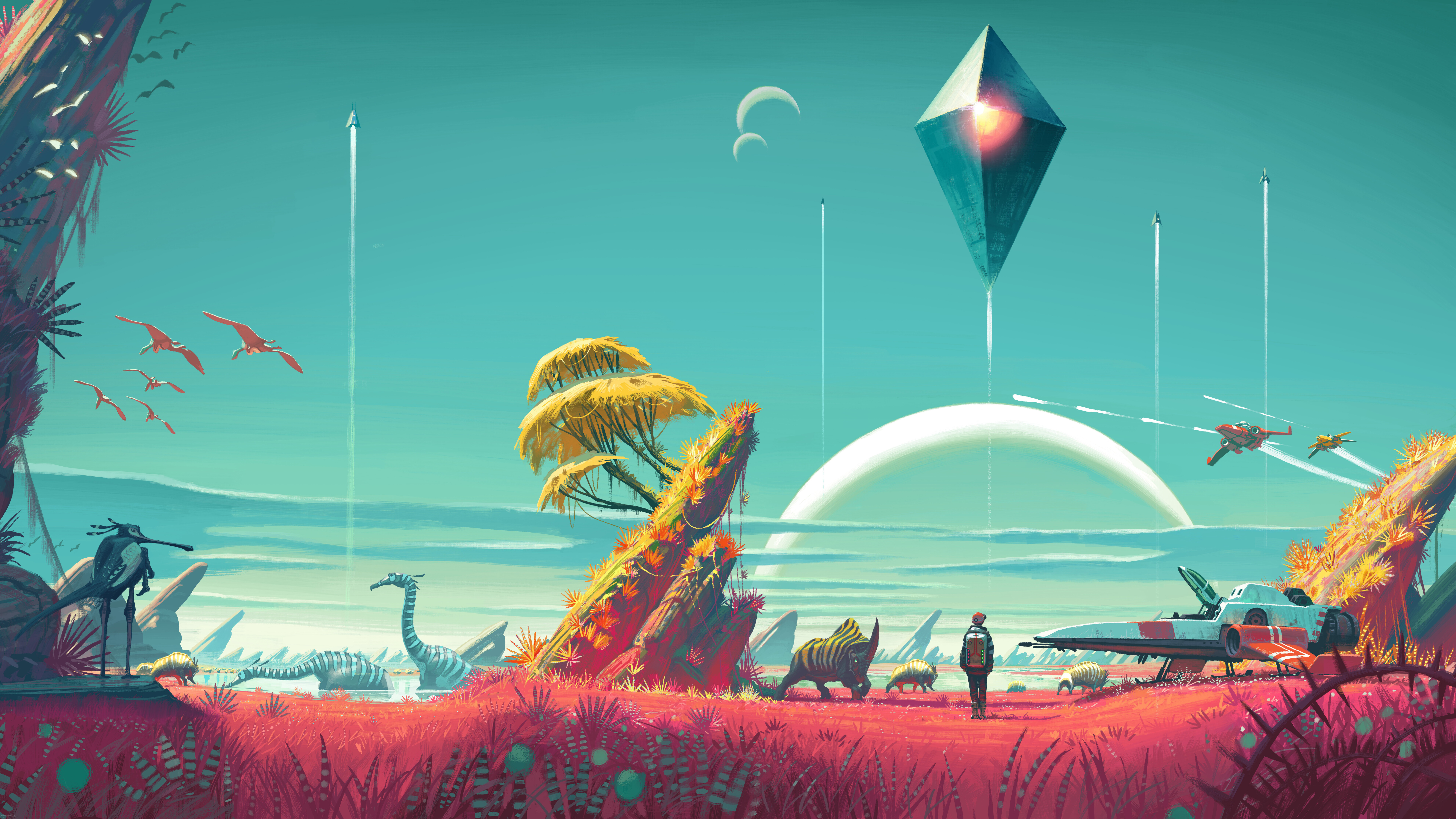 Un personnage de science-fiction, appelé un Voyageur et issu du jeu No Man’s Sky, explore un paysage coloré et extraterrestre, parsemé d’une végétation exotique.