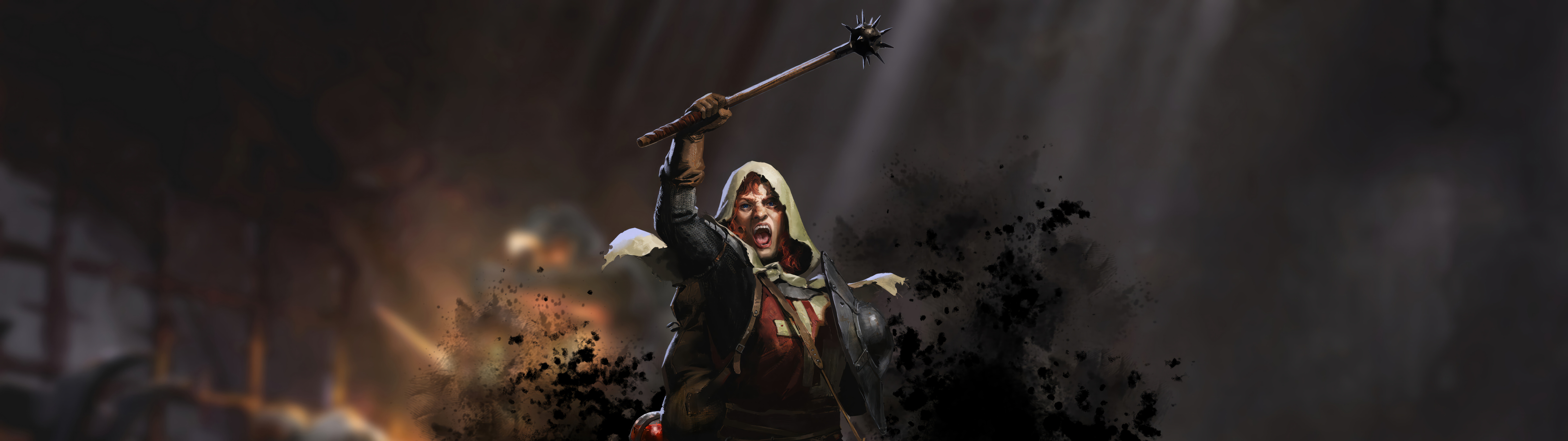 Un personnage de fantasy sombre, vêtu d’une lourde armure médiévale, se tient dans un couloir de donjon en pierre faiblement éclairé, dans un style inspiré du jeu Dark and Darker.