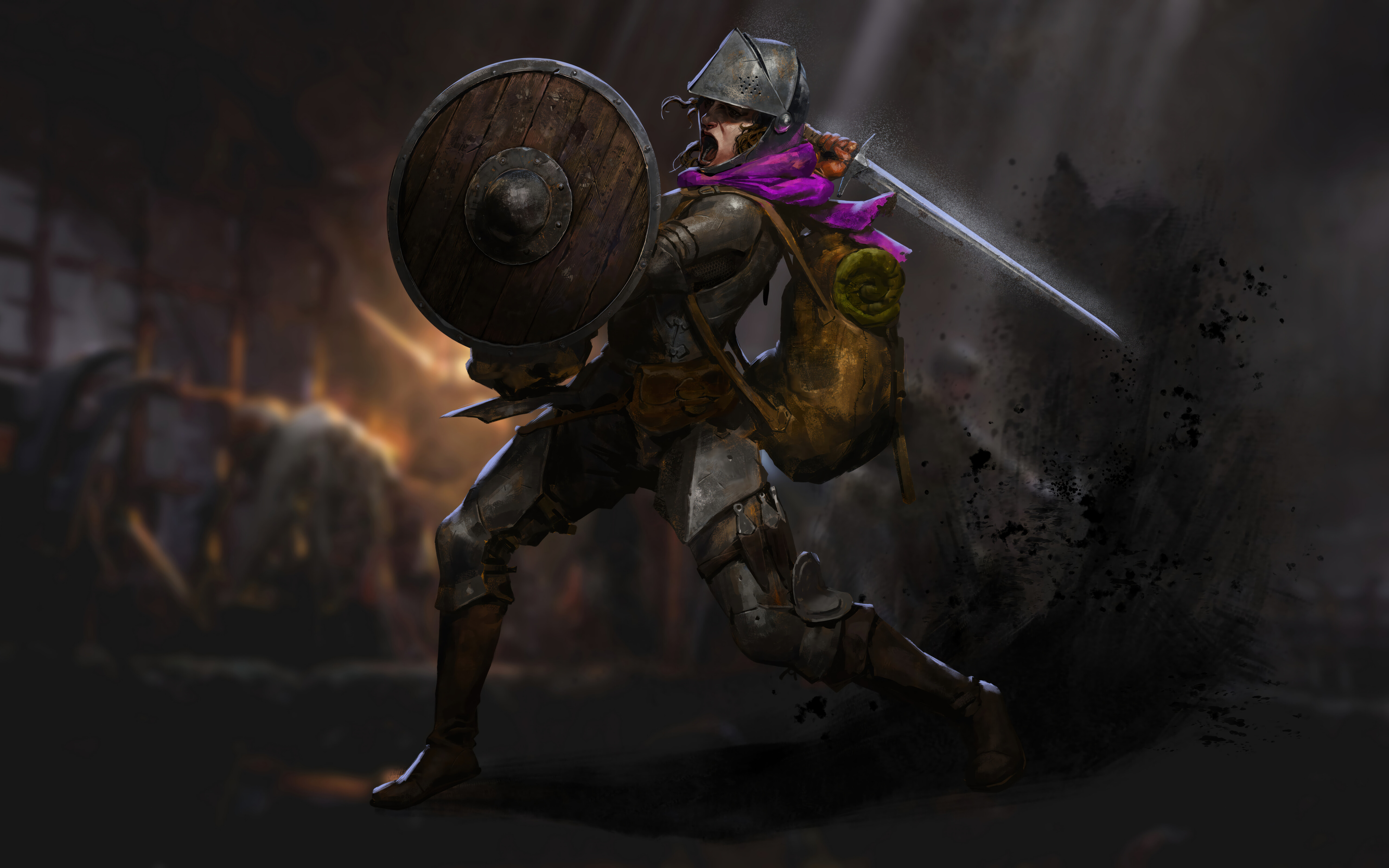 Un aventurier fantastique, lourdement armuré, tenant une lanterne dans un couloir sombre et en pierre d’un donjon, une scène inspirée des jeux Dark and Darker.