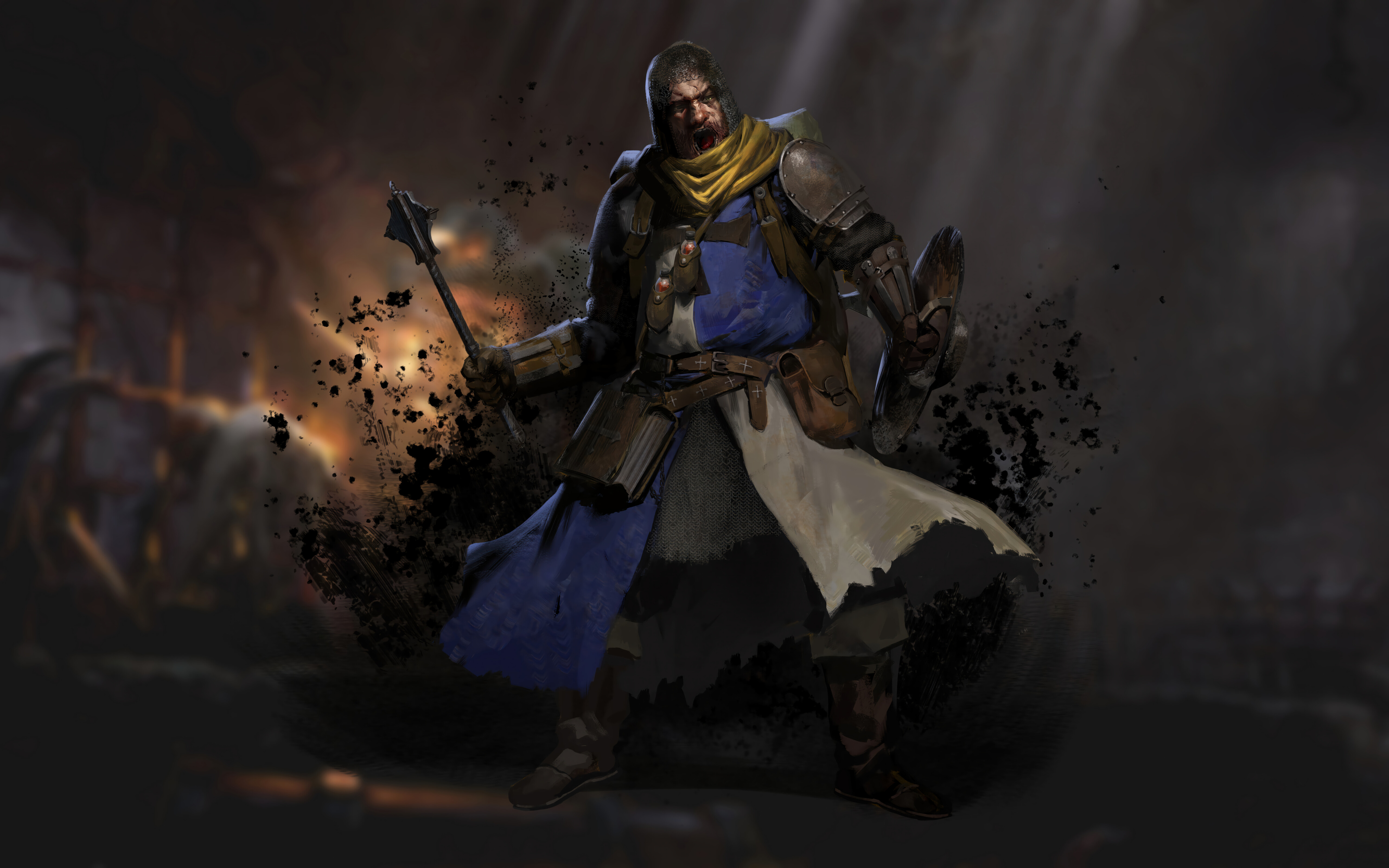 Un personnage de fantasy sombre, enveloppé d’ombres, évoluant dans un décor médiéval, celui d’un donjon.