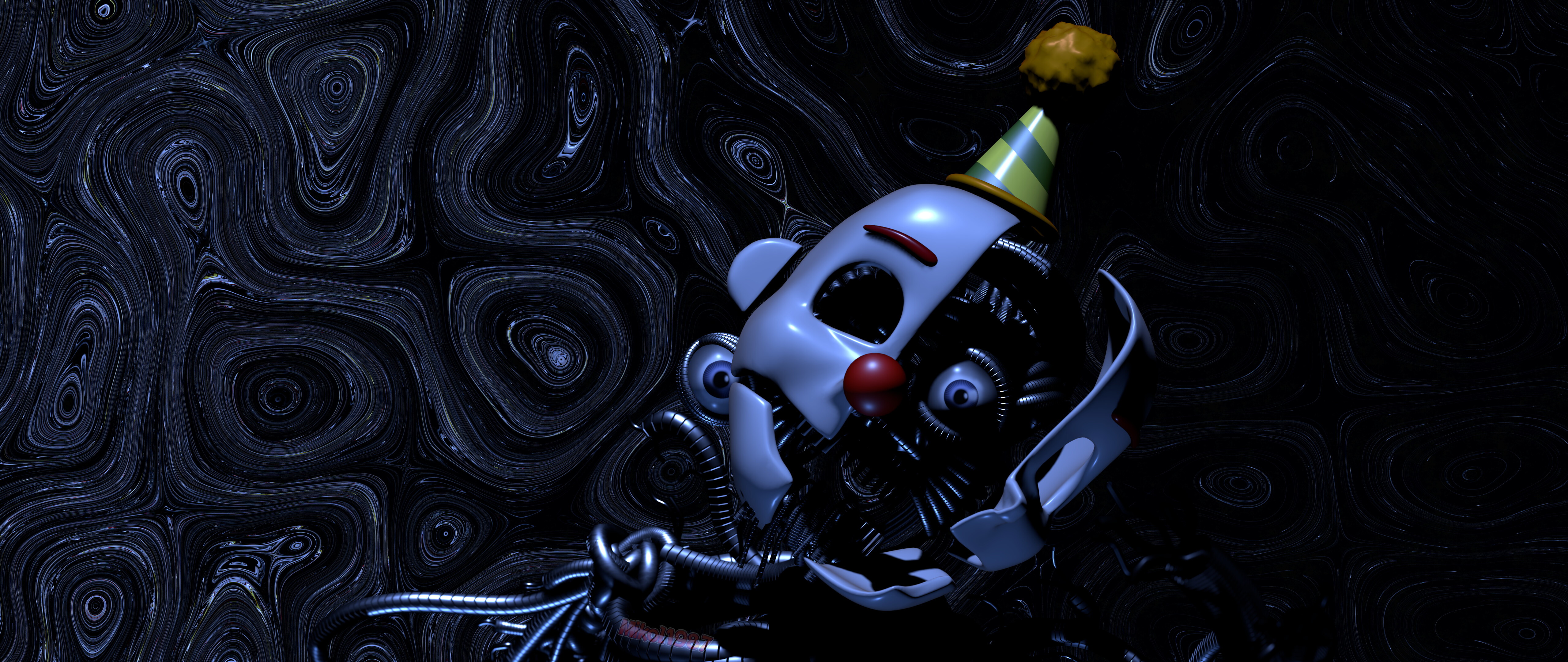 Un gros plan du personnage animatronique Ennard, issu du jeu Five Nights at Freddy's: Sister Location, mettant en évidence ses câbles complexes et ses yeux lumineux.