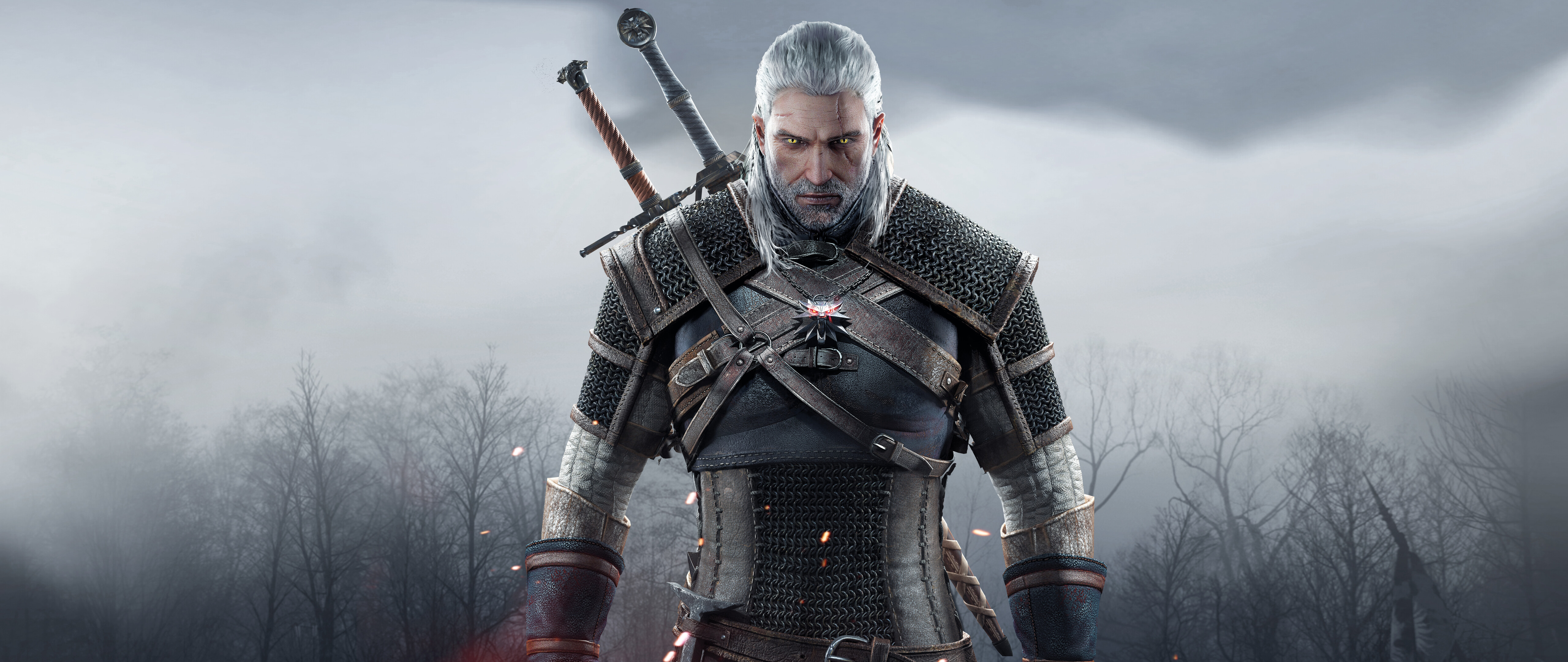Portrait en gros plan de Geralt de Rivie, tiré du jeu The Witcher 3: Wild Hunt.