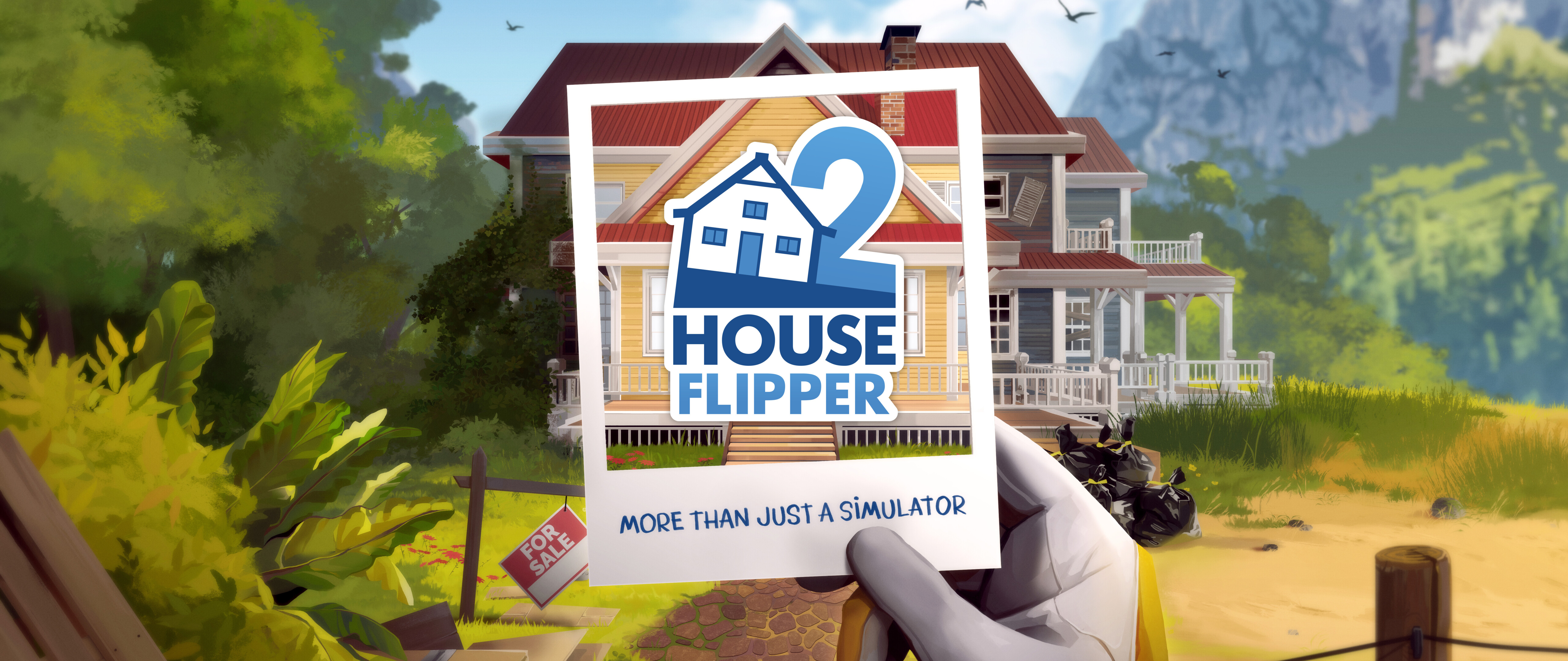 Un personnage effectuant des travaux de rénovation et de nettoyage dans une pièce en désordre, avec des éléments tirés du jeu House Flipper 2.