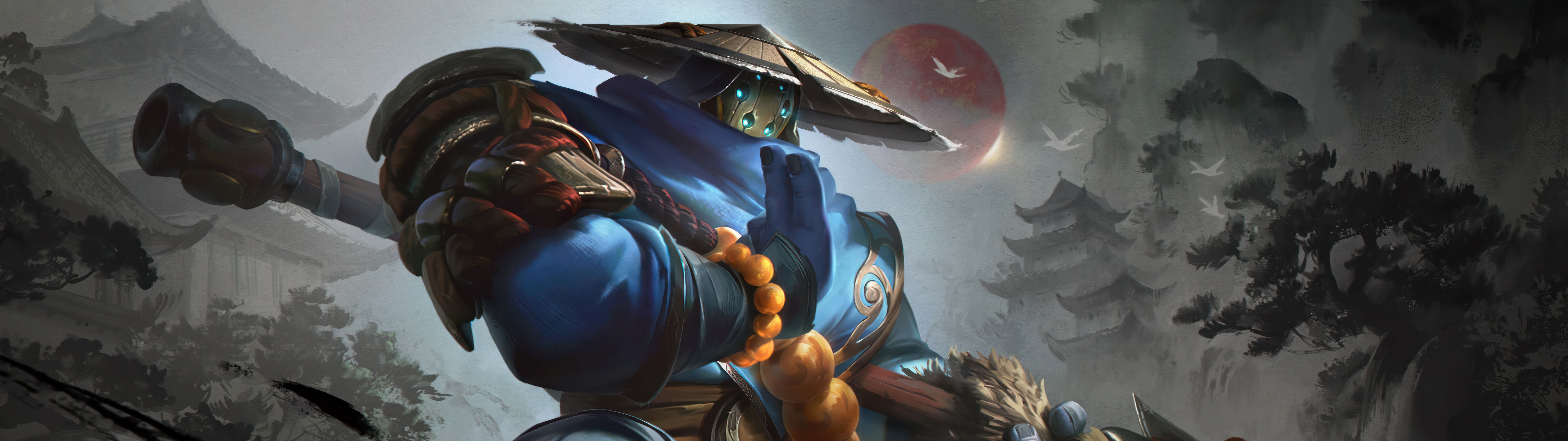 Un concept de Jax, personnage du jeu League of Legends, inspiré de l’univers des samouraïs, vêtu d’une armure traditionnelle richement décorée.