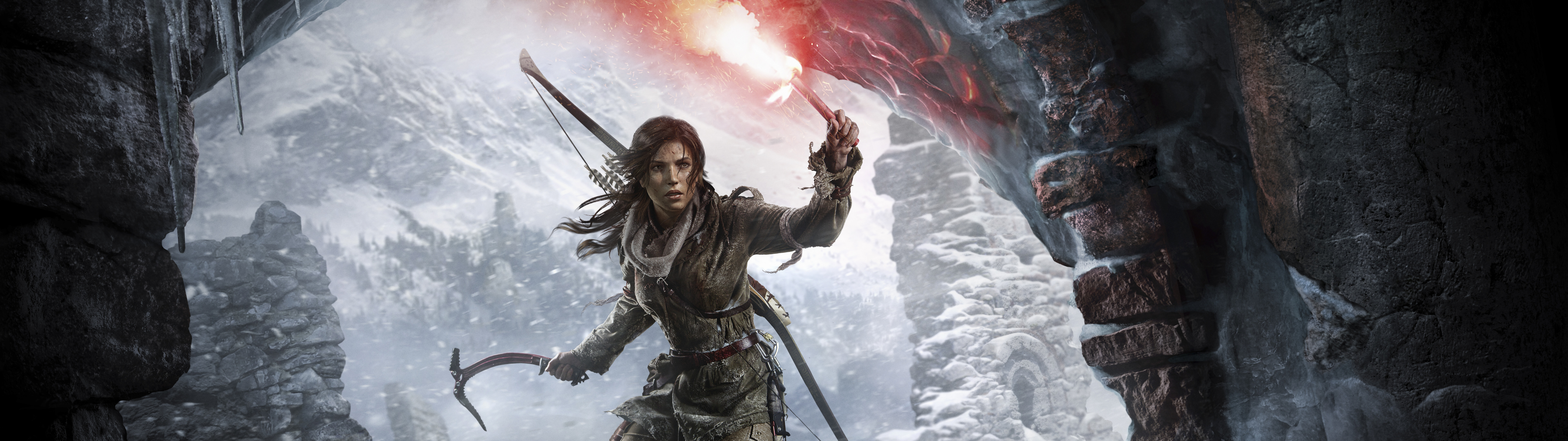 Lara Croft, le personnage emblématique du jeu vidéo Rise of the Tomb Raider, dans un décor d’aventure.