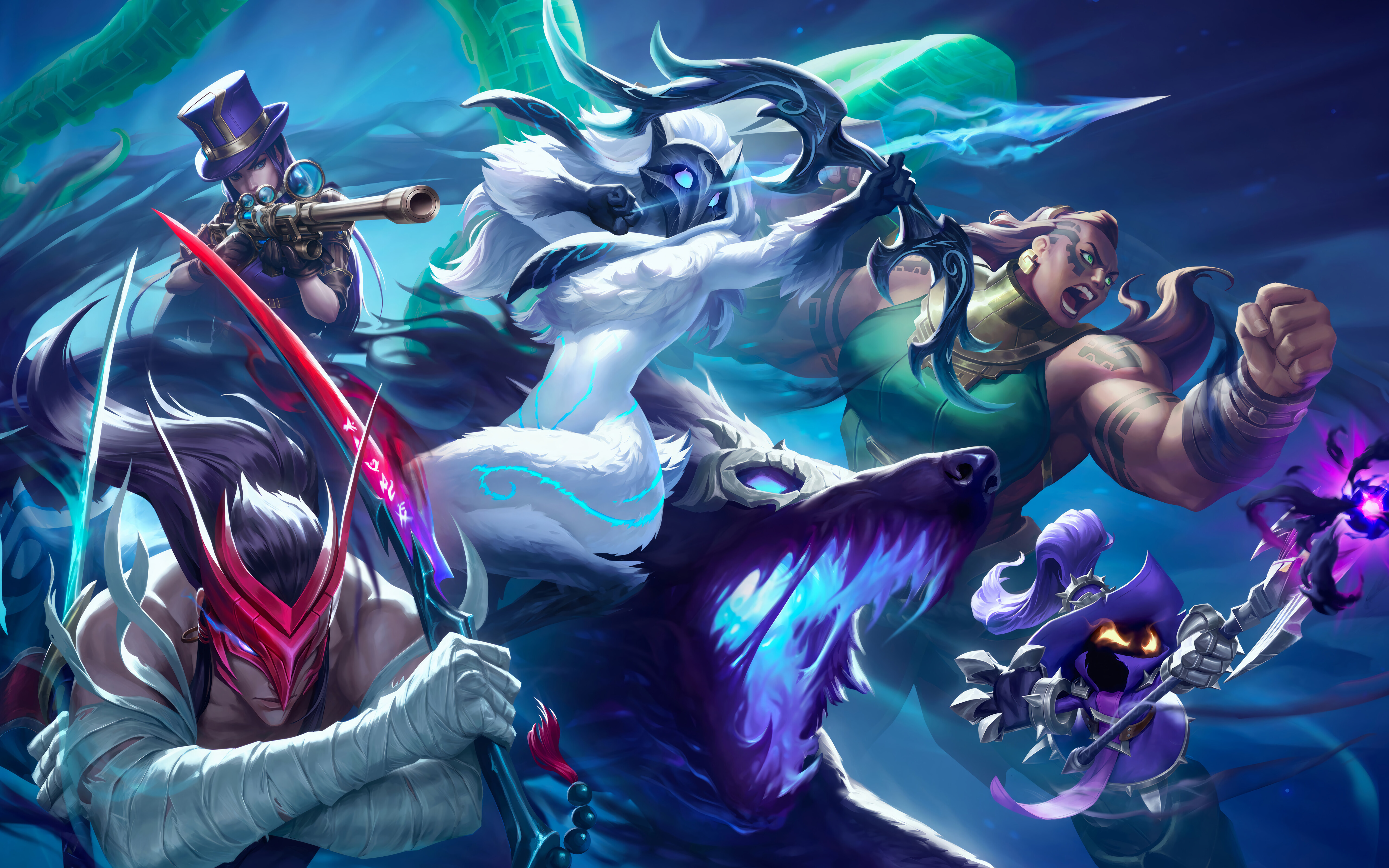 Une composition époustouflante mettant en scène les personnages de League of Legends : Yone, Kindred et Illaoi.