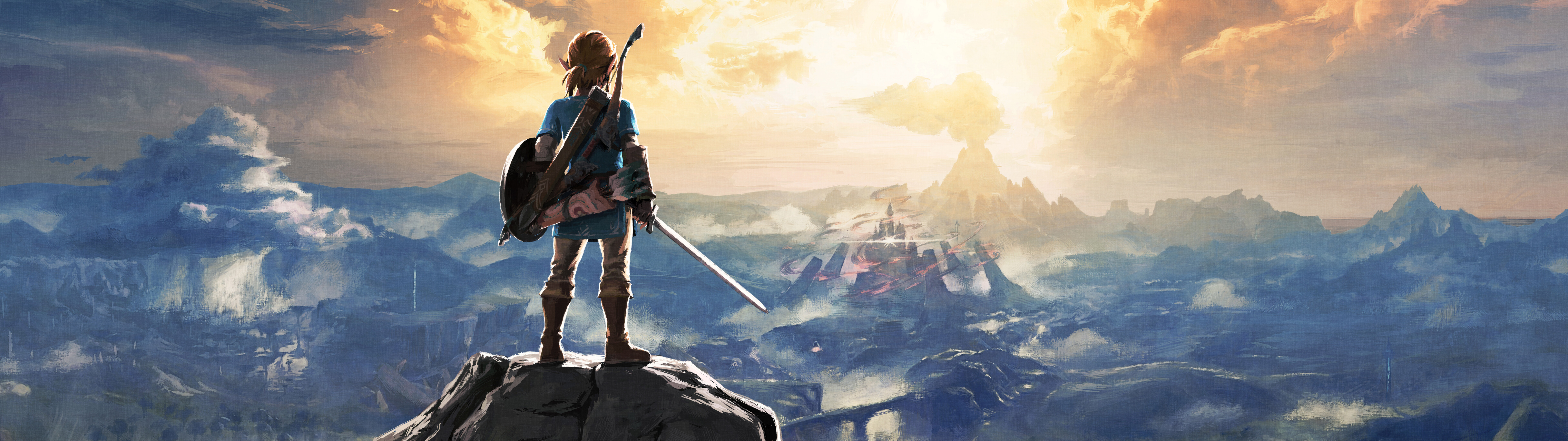 Link, personnage du jeu The Legend of Zelda: Breath of the Wild, contemple les vastes paysages d’Hyrule.