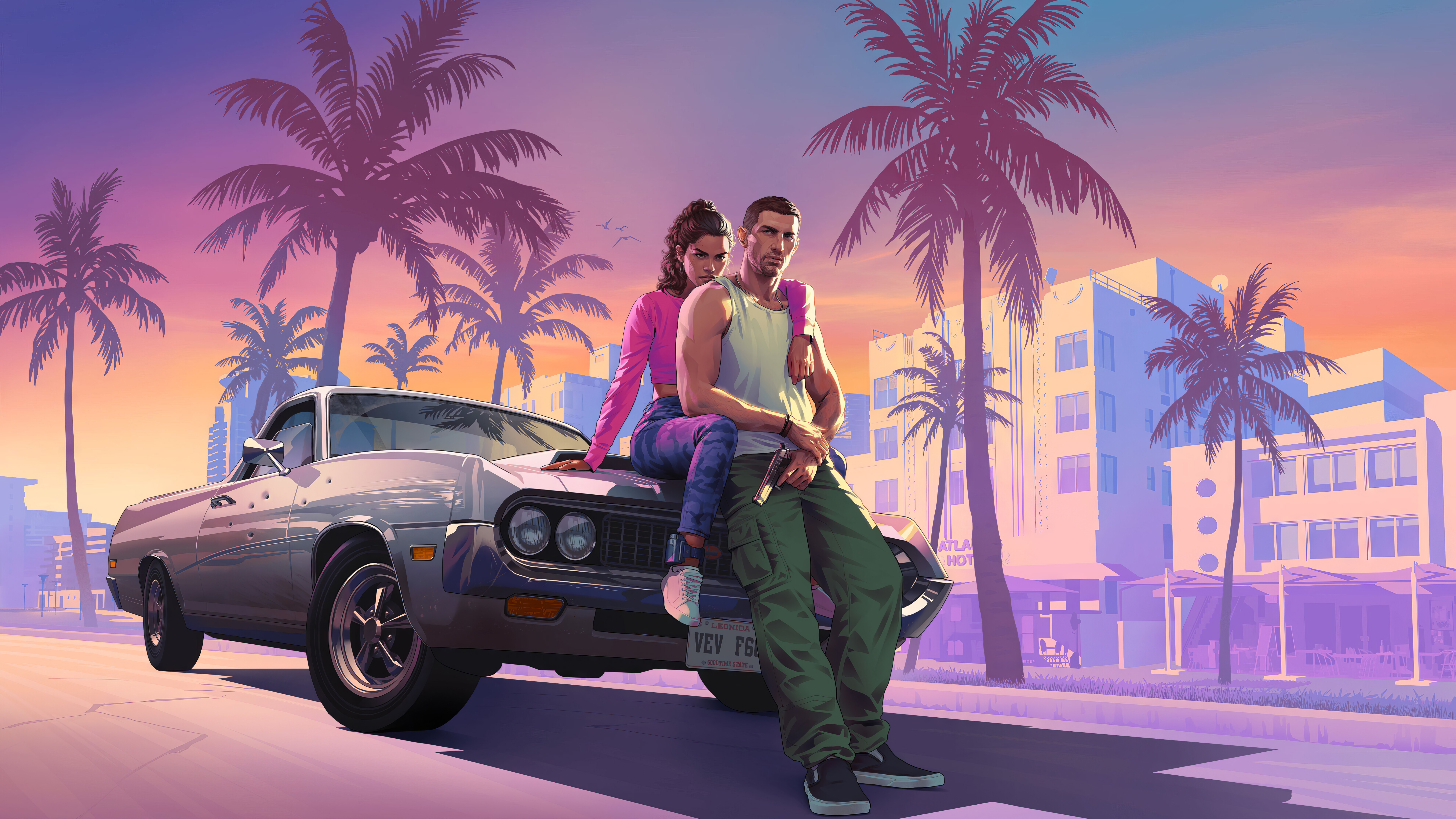 Une image digne d’un film mettant en scène Lucia, personnage de Grand Theft Auto VI, avec des lumières urbaines néon et un décor de ville tropicale.