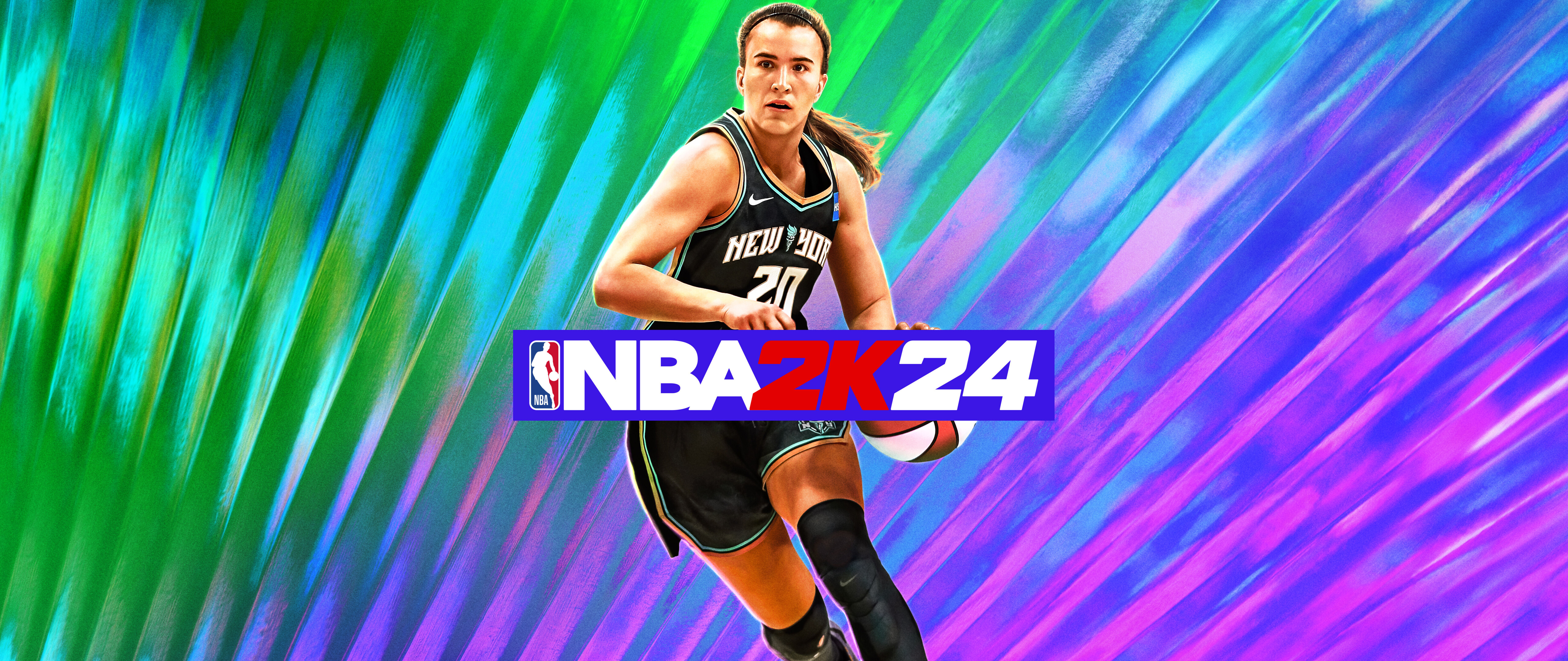 Un joueur de basketball professionnel effectuant une action spectaculaire sur le terrain lumineux d’une arène, dans un style inspiré des graphismes du jeu NBA 2K24.