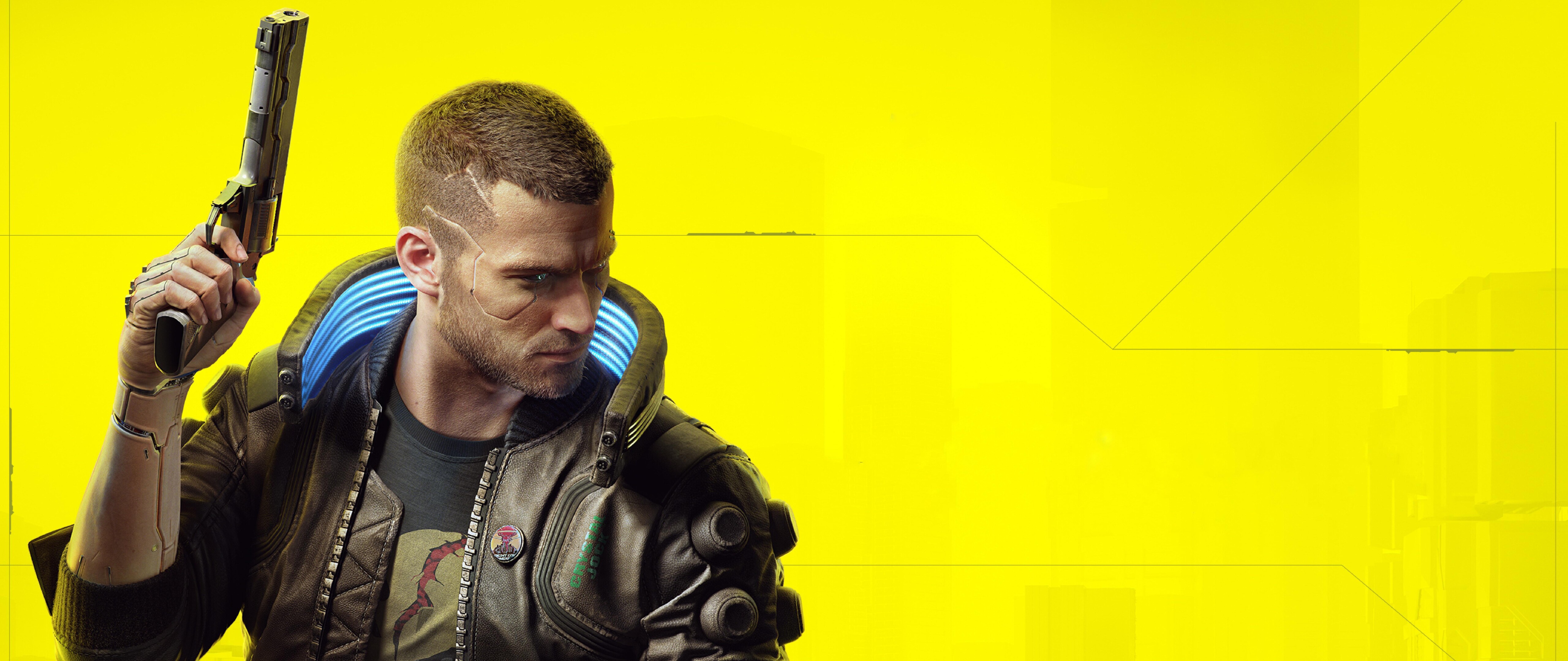 Un personnage futuriste doté d’implants cybernétiques bleus et lumineux, se tenant debout dans un environnement urbain cyberpunk sombre et plongé sous la pluie.