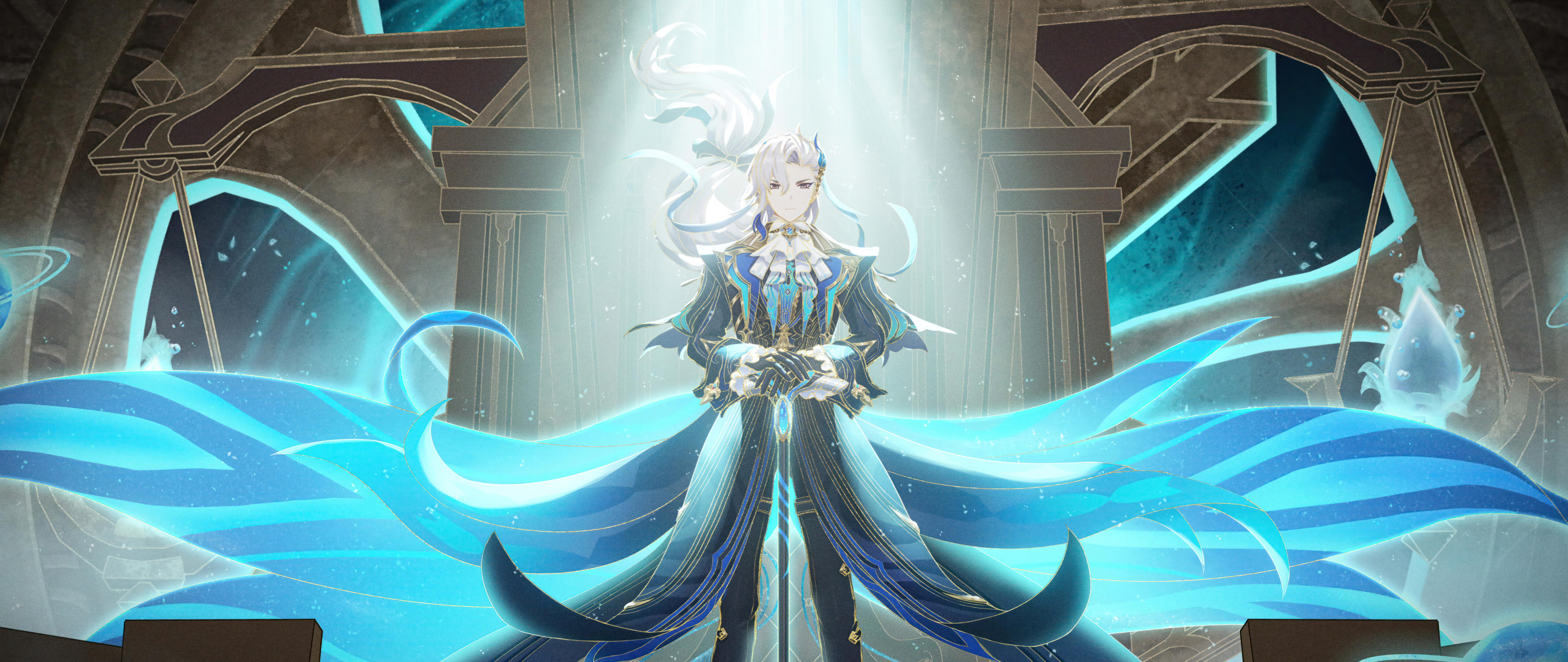 Un portrait magnifique de Neuvillette, tiré du jeu Genshin Impact.