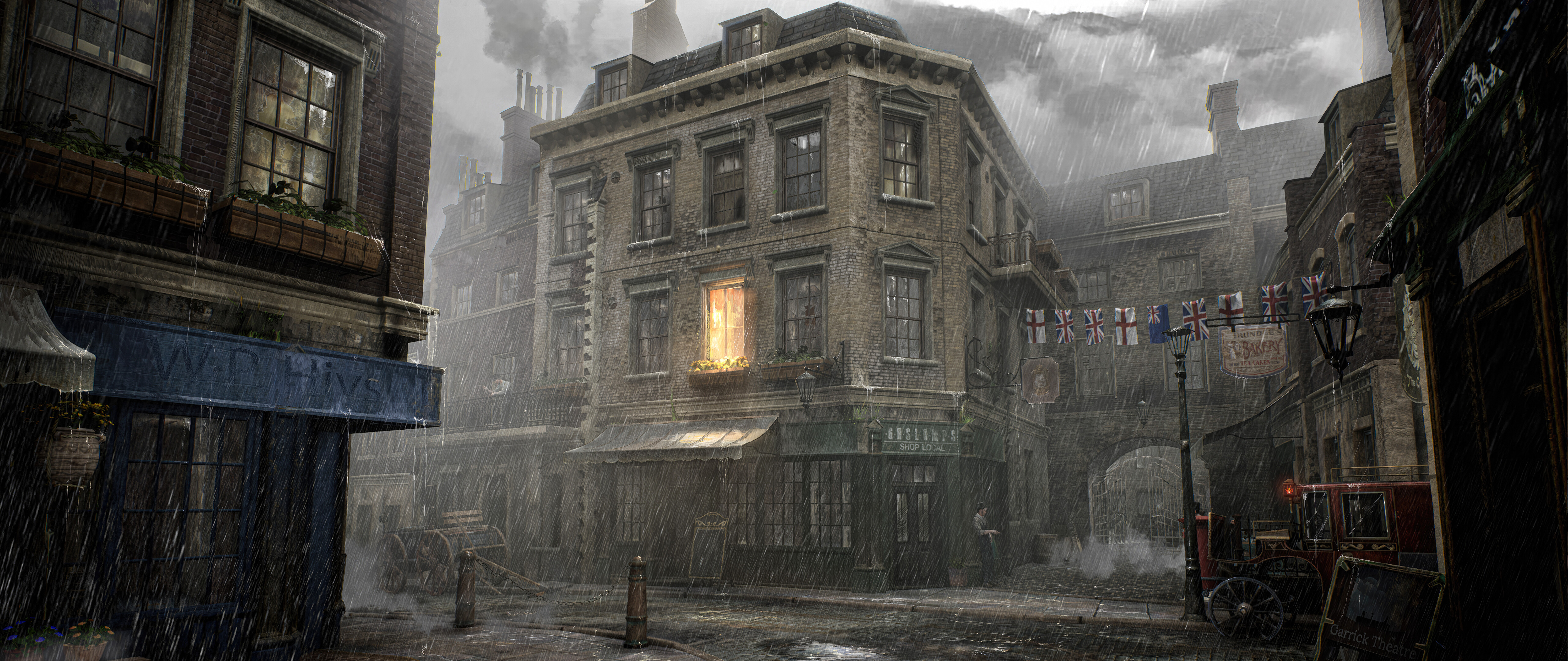 Une rue sombre et pluvieuse de Londres, avec un bâtiment de style victorien, inspirée du jeu vidéo Sherlock Holmes : The Awakened.
