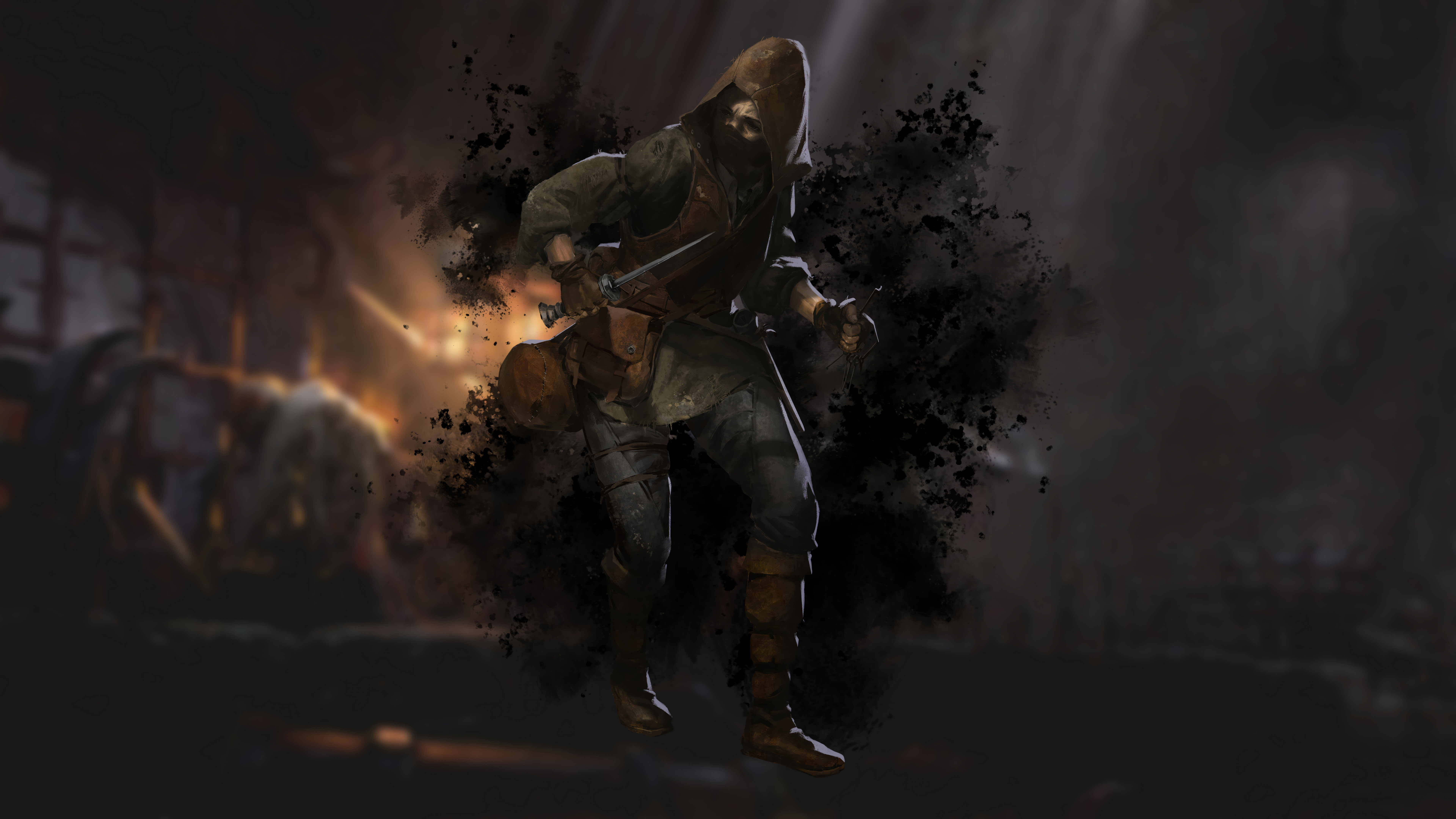 Un guerrier médiéval lourdement armé explorant un donjon de pierre sombre et éclairé aux torches, dans un décor inspiré du jeu Dark and Darker.