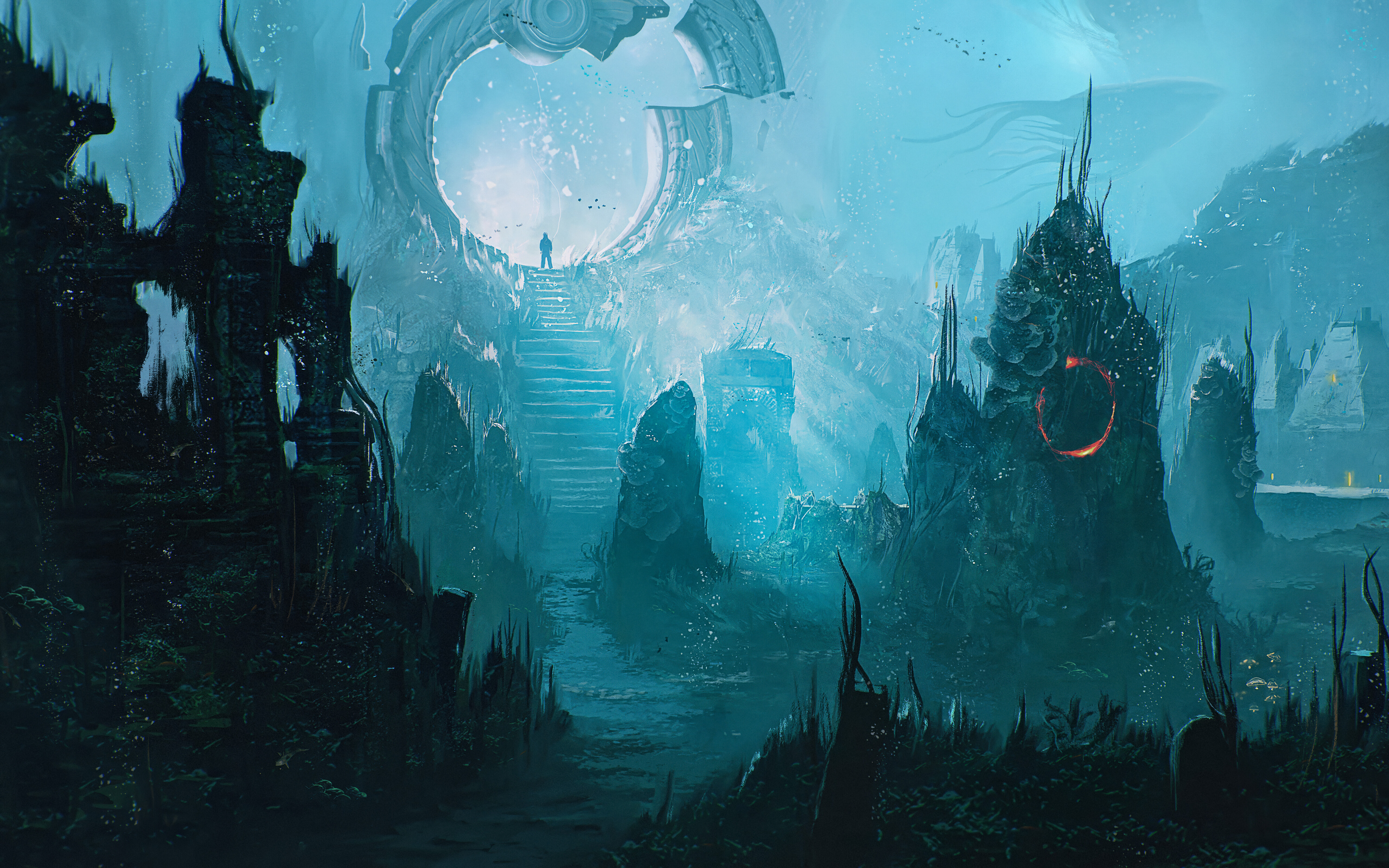 Vue sous-marine des profondeurs, montrant d’anciennes ruines de pierre délabrées dans une eau d’un bleu profond, inspirée du jeu Sherlock Holmes : The Awakened.