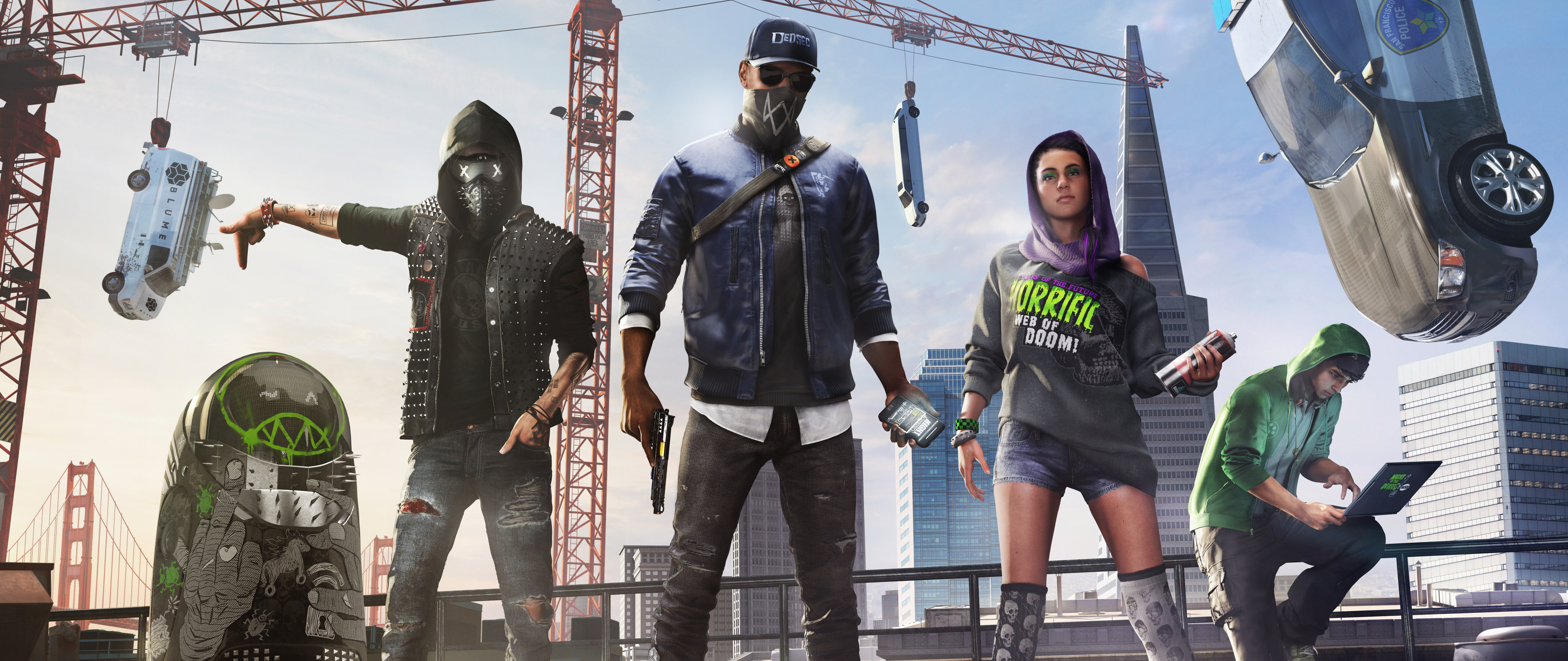 Une photographie de groupe mettant en scène Marcus Holloway, Sitara Dhawan et Wrench, personnages du jeu vidéo Watch Dogs 2.