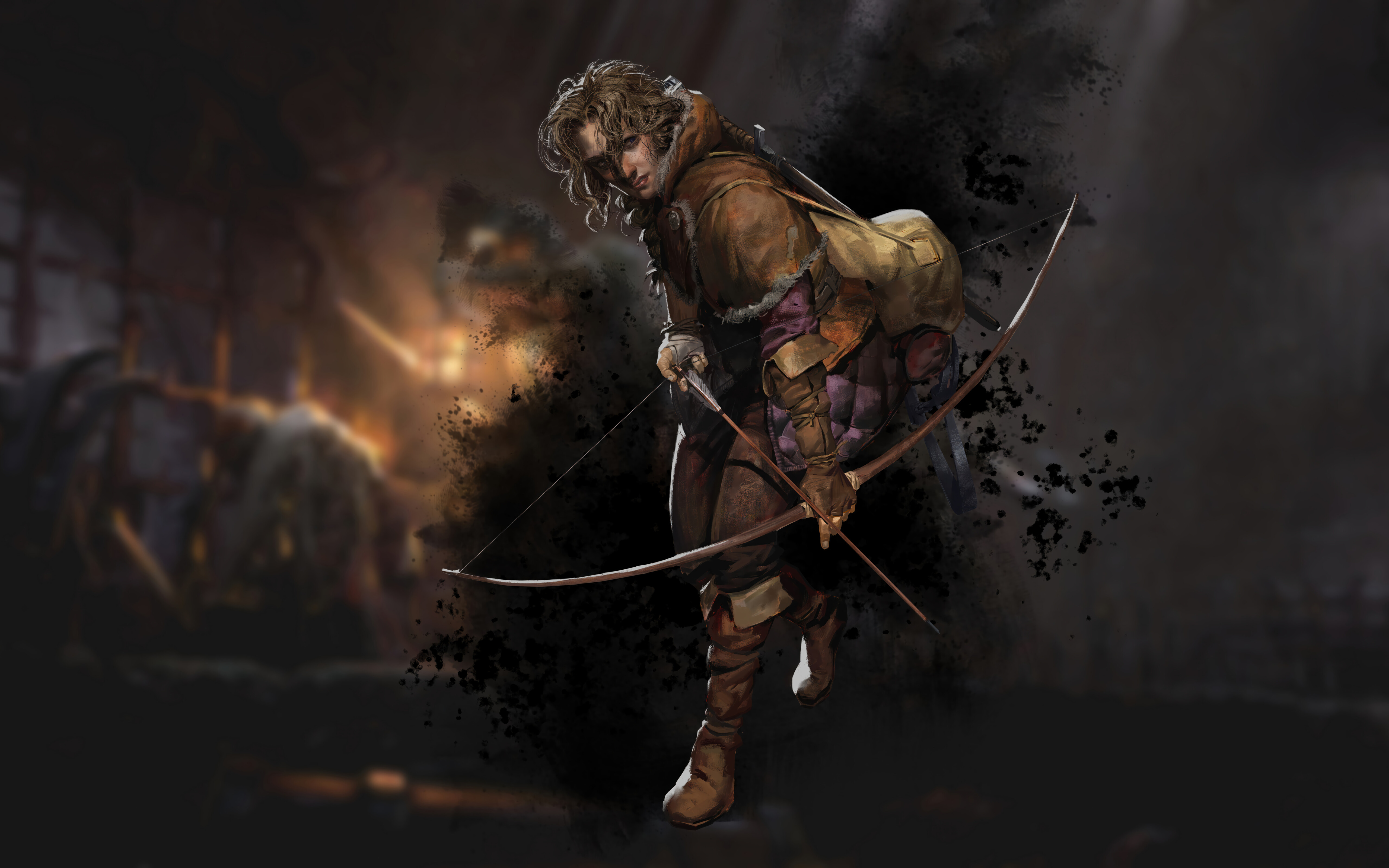 Un brigand cagoulé, armé, se tient debout dans un donjon médiéval en pierre, plongé dans une pénombre.