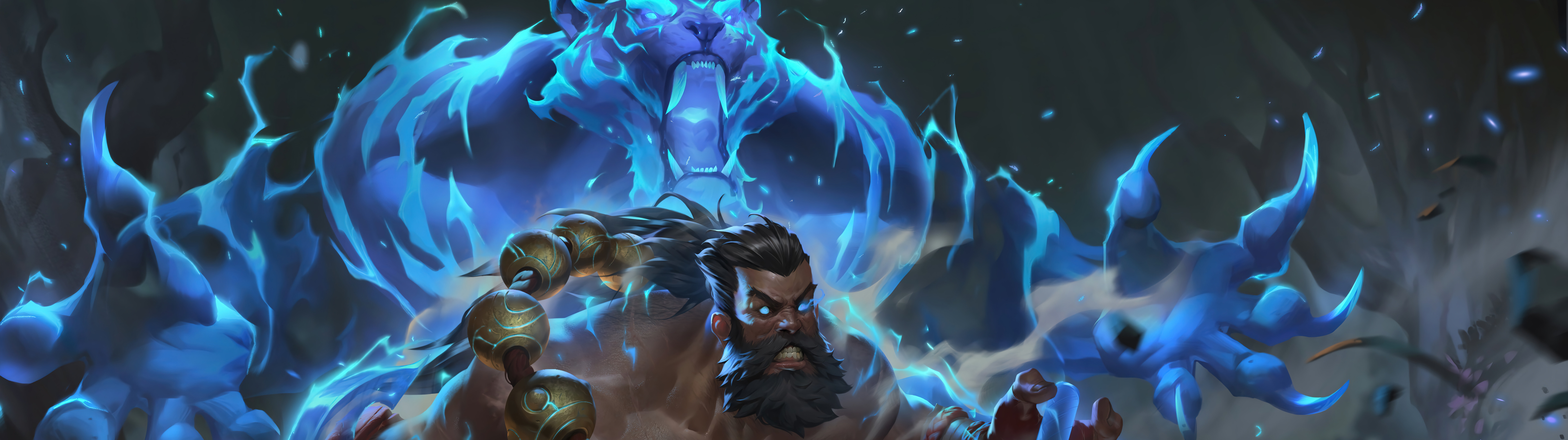 Un portrait cinématographique d’Udyr, tiré du jeu League of Legends, qui met en valeur son énergie chamanique.
