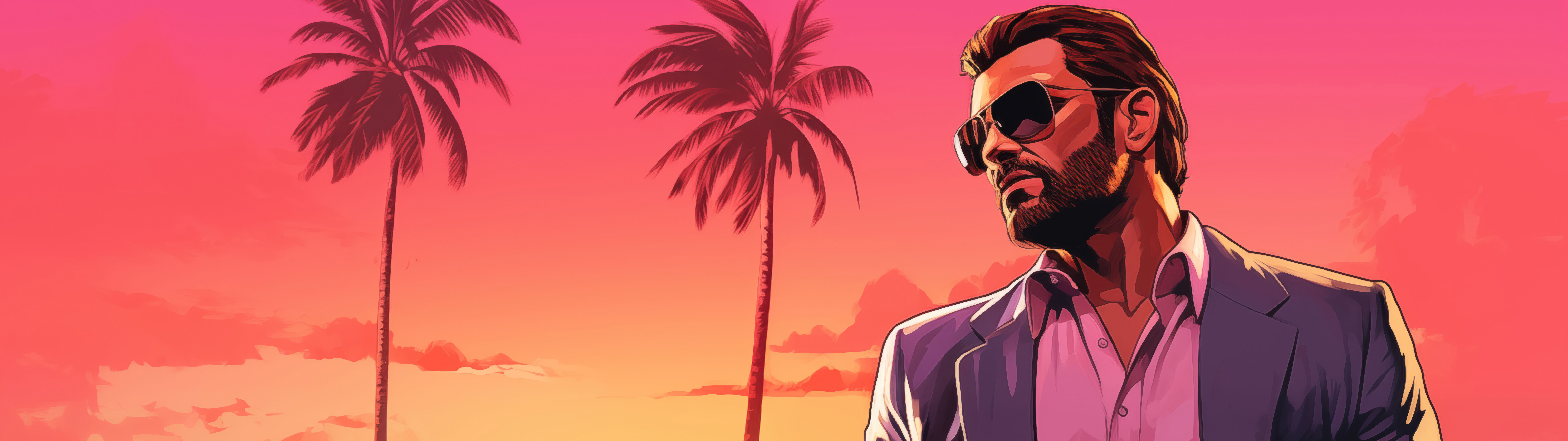Un personnage évoluant dans un environnement urbain tropical ensoleillé, parsemé de palmiers et aux couleurs vives, dans un style inspiré de l’esthétique de Grand Theft Auto VI.