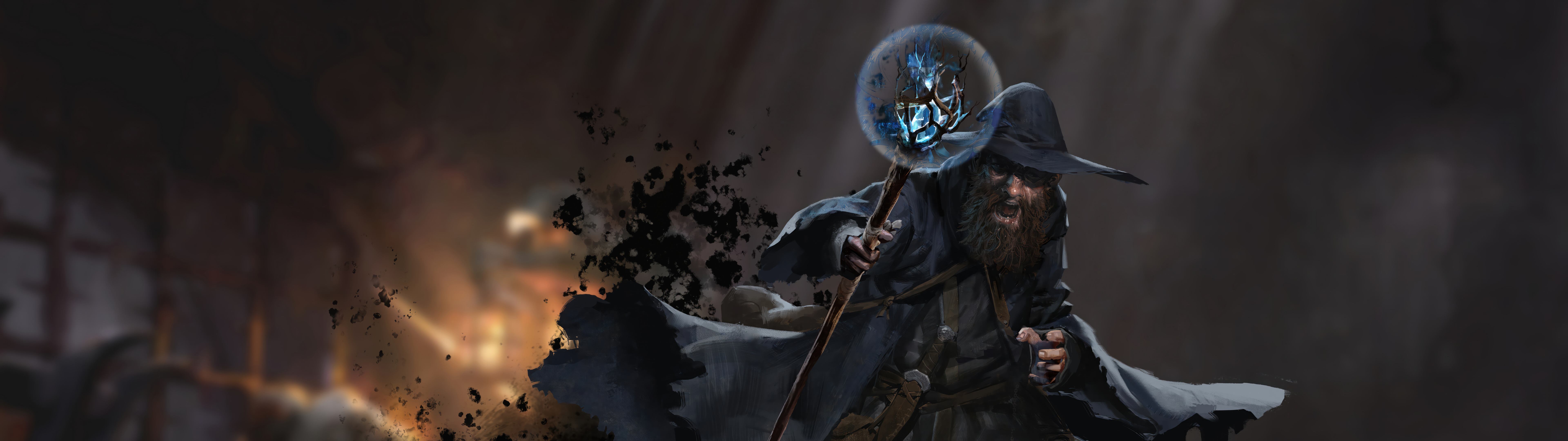 Un puissant magicien issu du monde sombre et fantastique de Dark and Darker, brandissant un bâton magique lumineux dans un donjon lugubre et empreint d’une atmosphère mystérieuse.