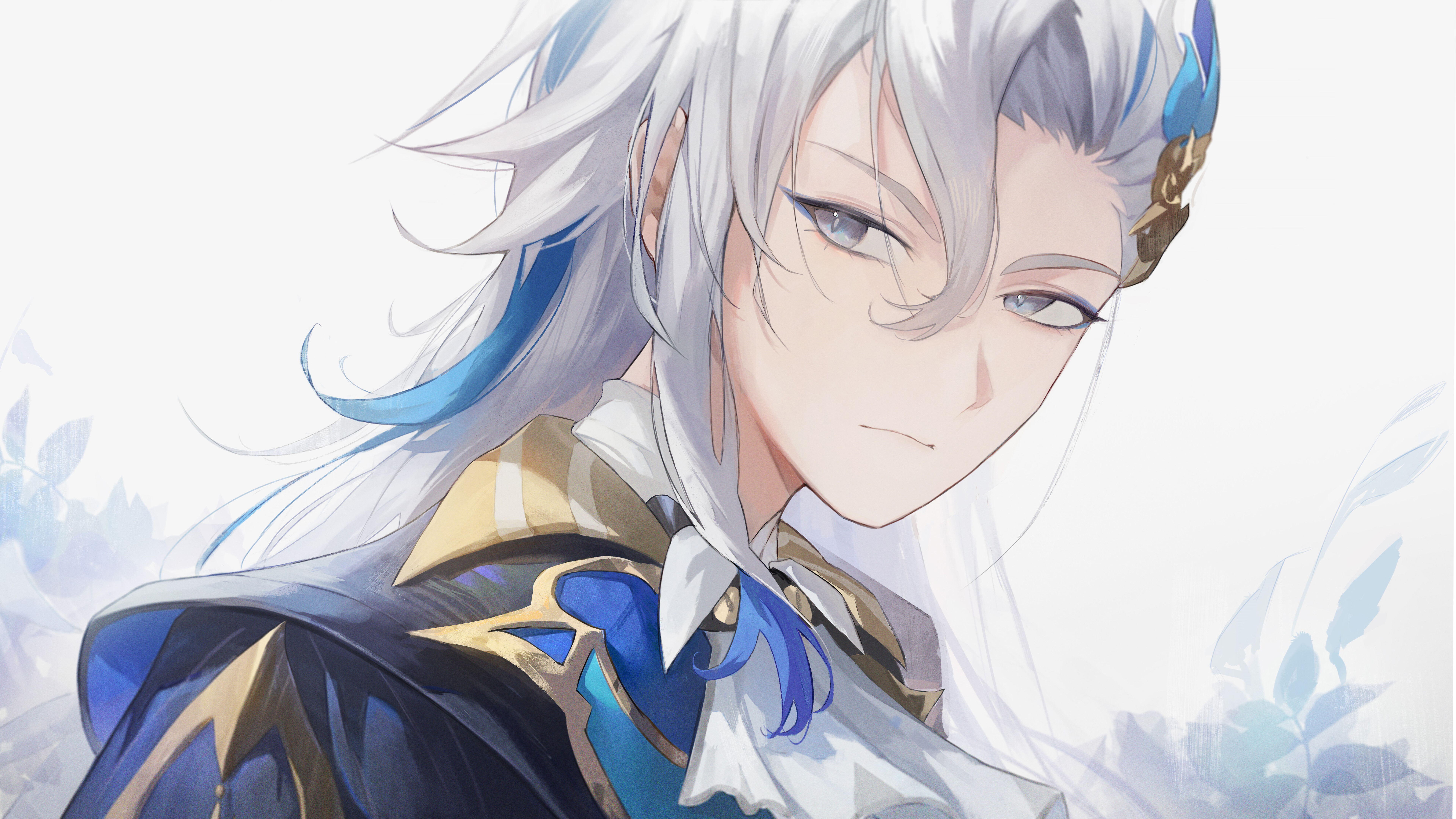 Une représentation de haute qualité de Neuvillette, tirée du jeu Genshin Impact, mettant en valeur son élégante tenue et son regard perçant.