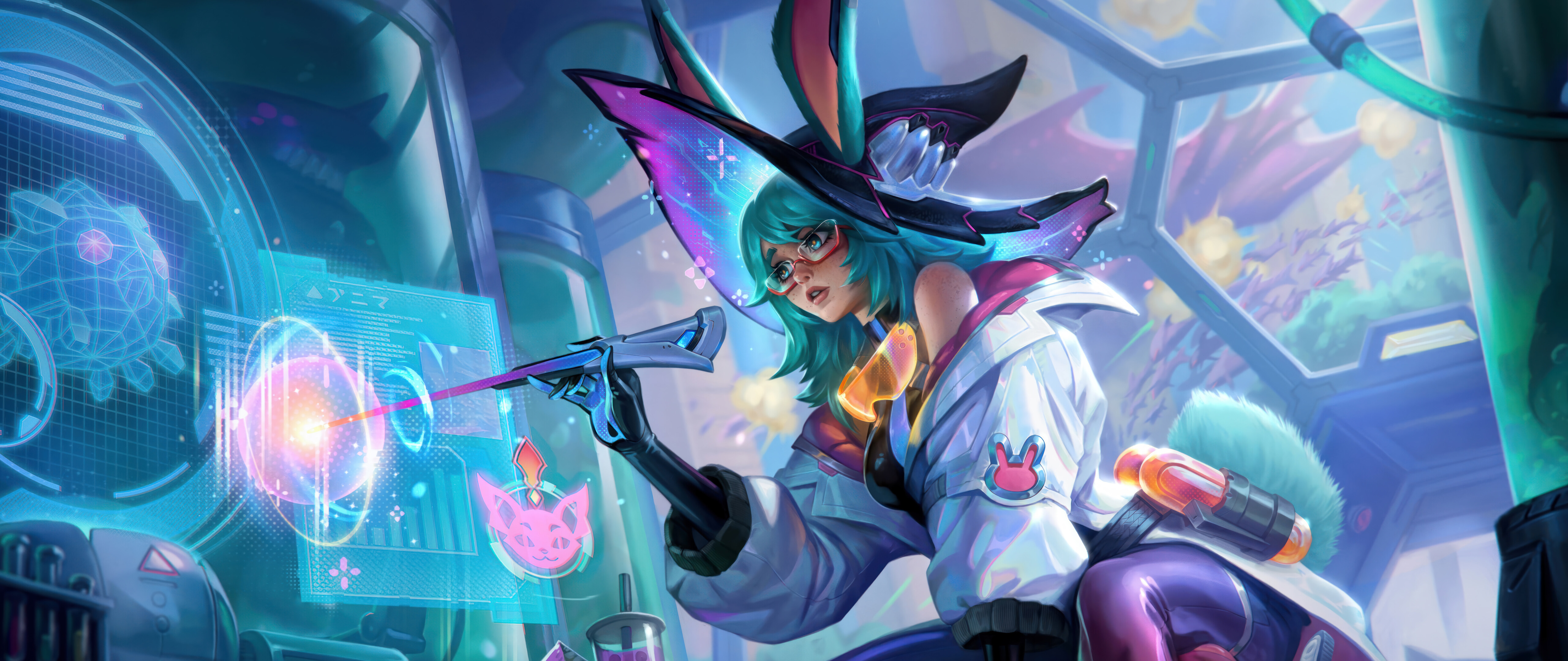 Une illustration détaillée d’Aurora, personnage du jeu League of Legends, entourée d’éléments magiques et lumineux.