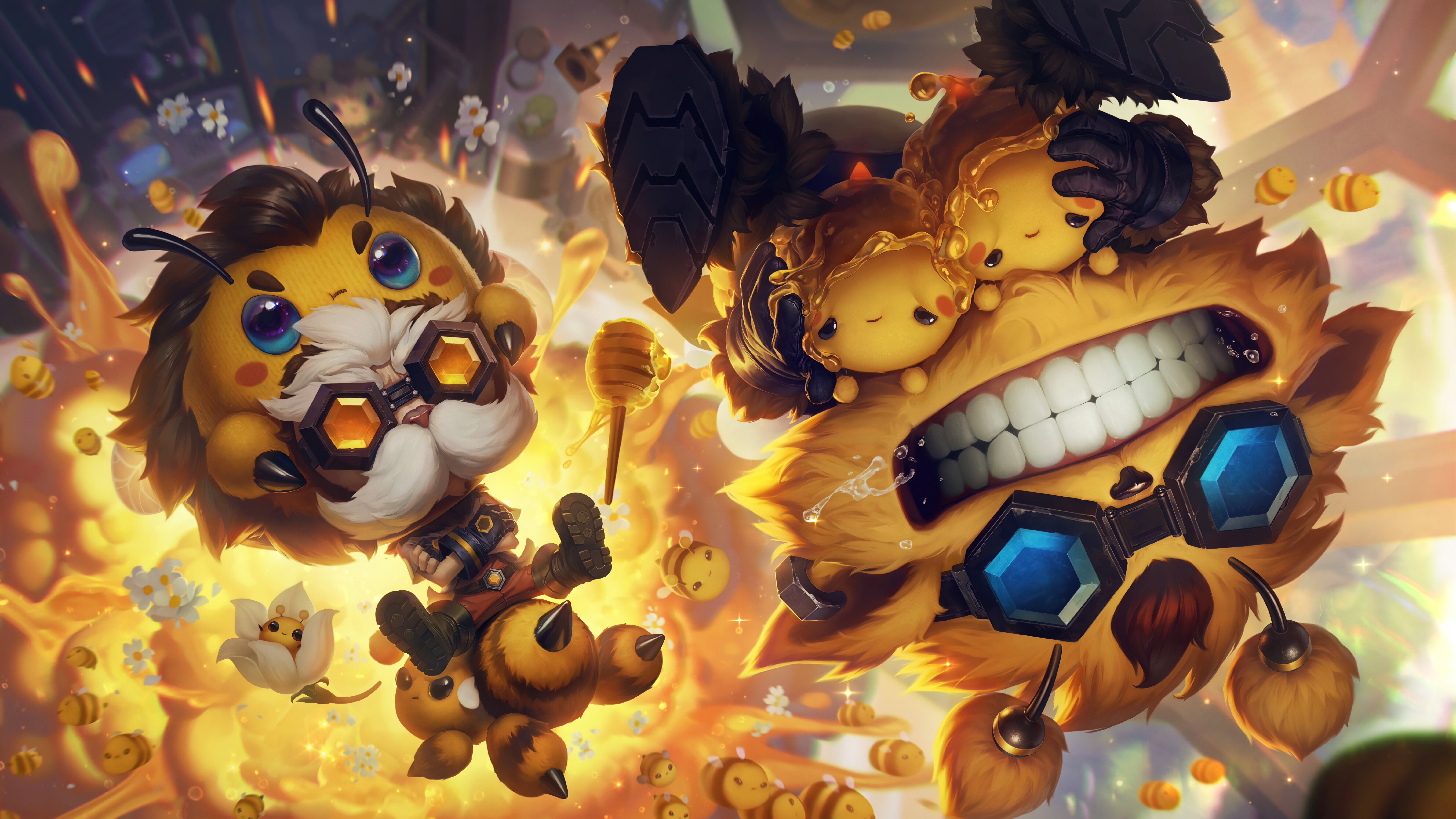 Heimerdinger et Ziggs, tirés du jeu League of Legends, représentés dans un style artistique dynamique typique des jeux vidéo.